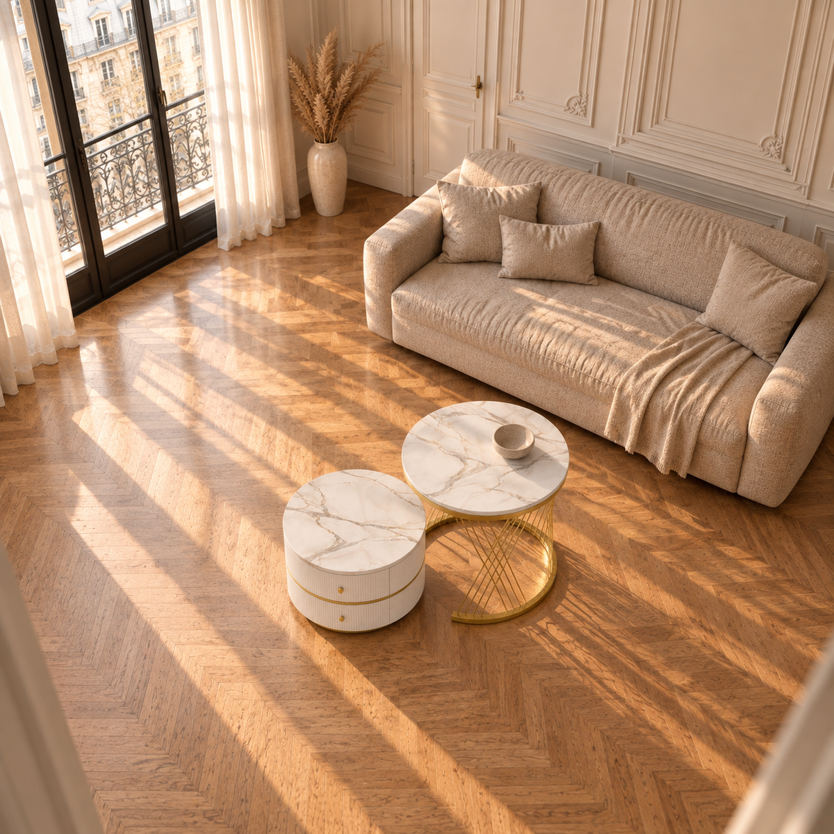 Table basse gigogne ronde effet marbre avec tiroirs
