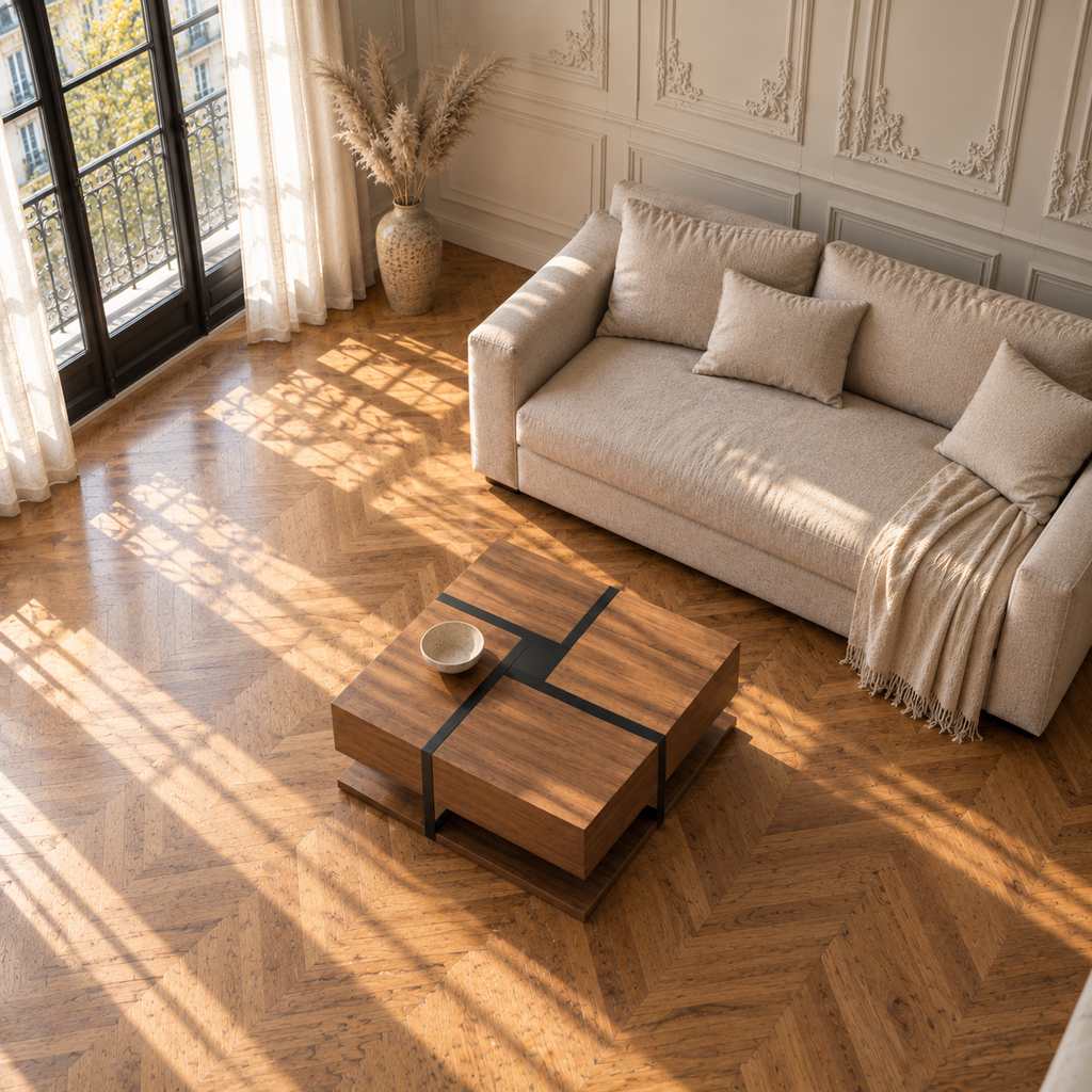 Table basse bois carrée - design géométrique