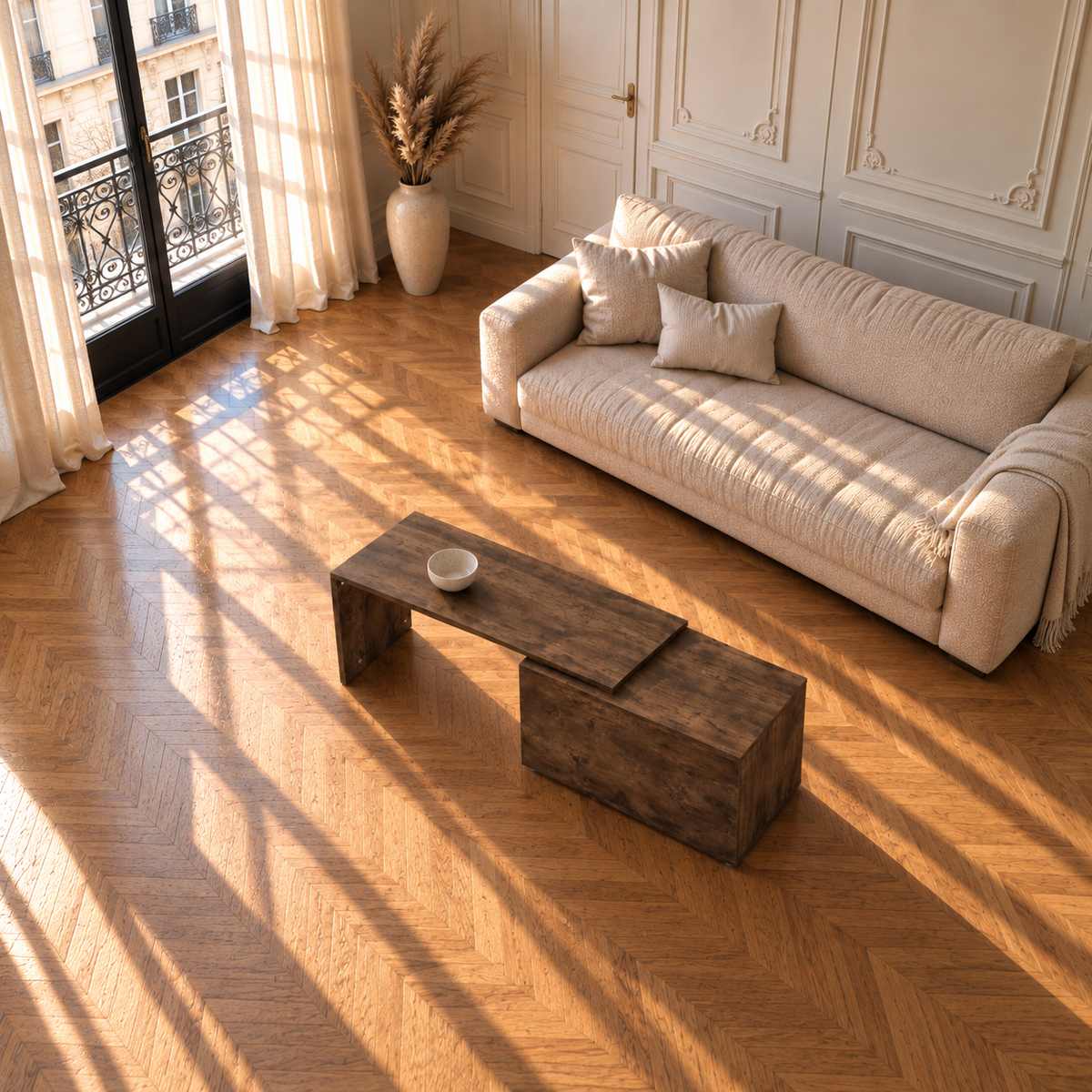 Table basse bois chêne fumé plateau pivotant