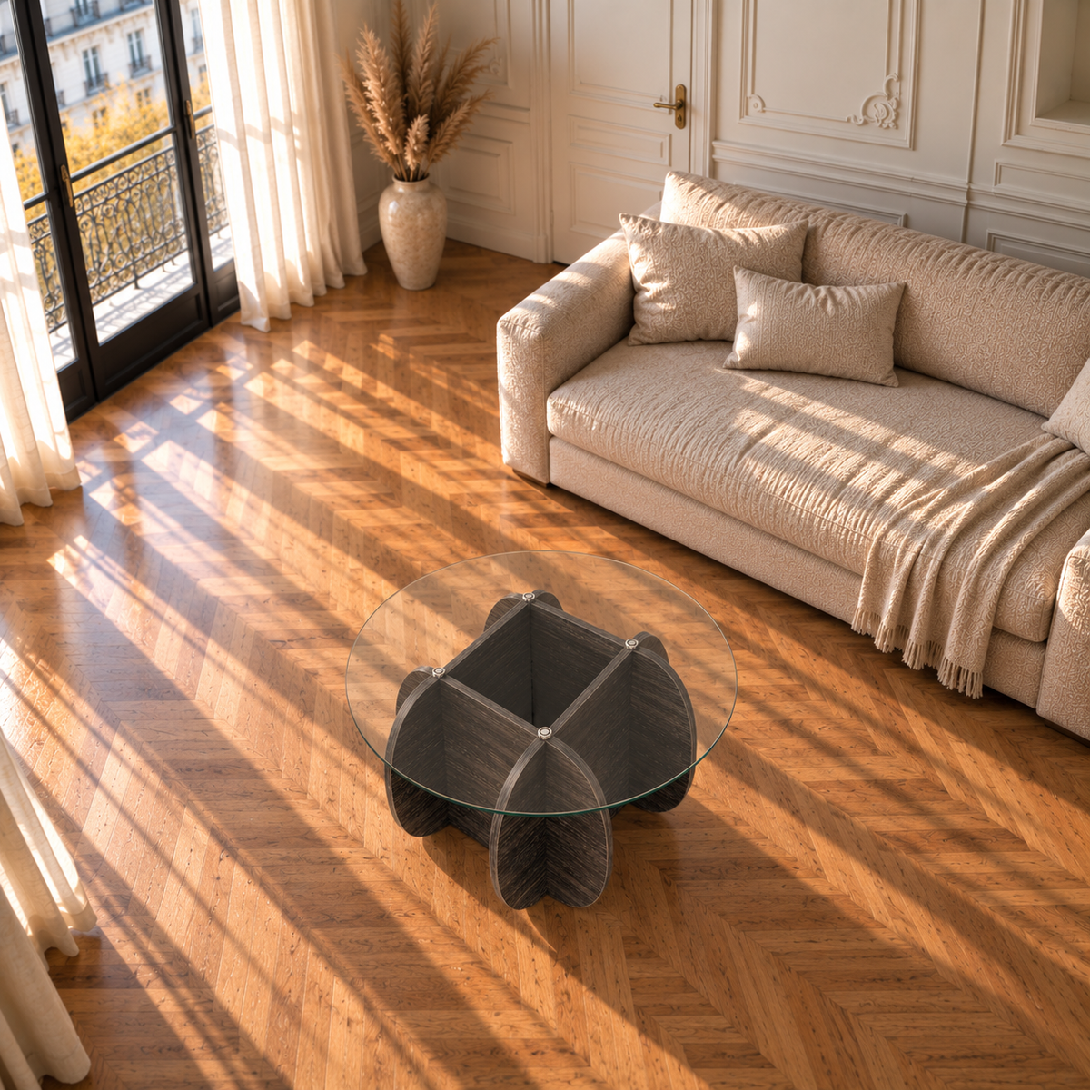 Table basse en verre trempé ronde, base bois massif noir
