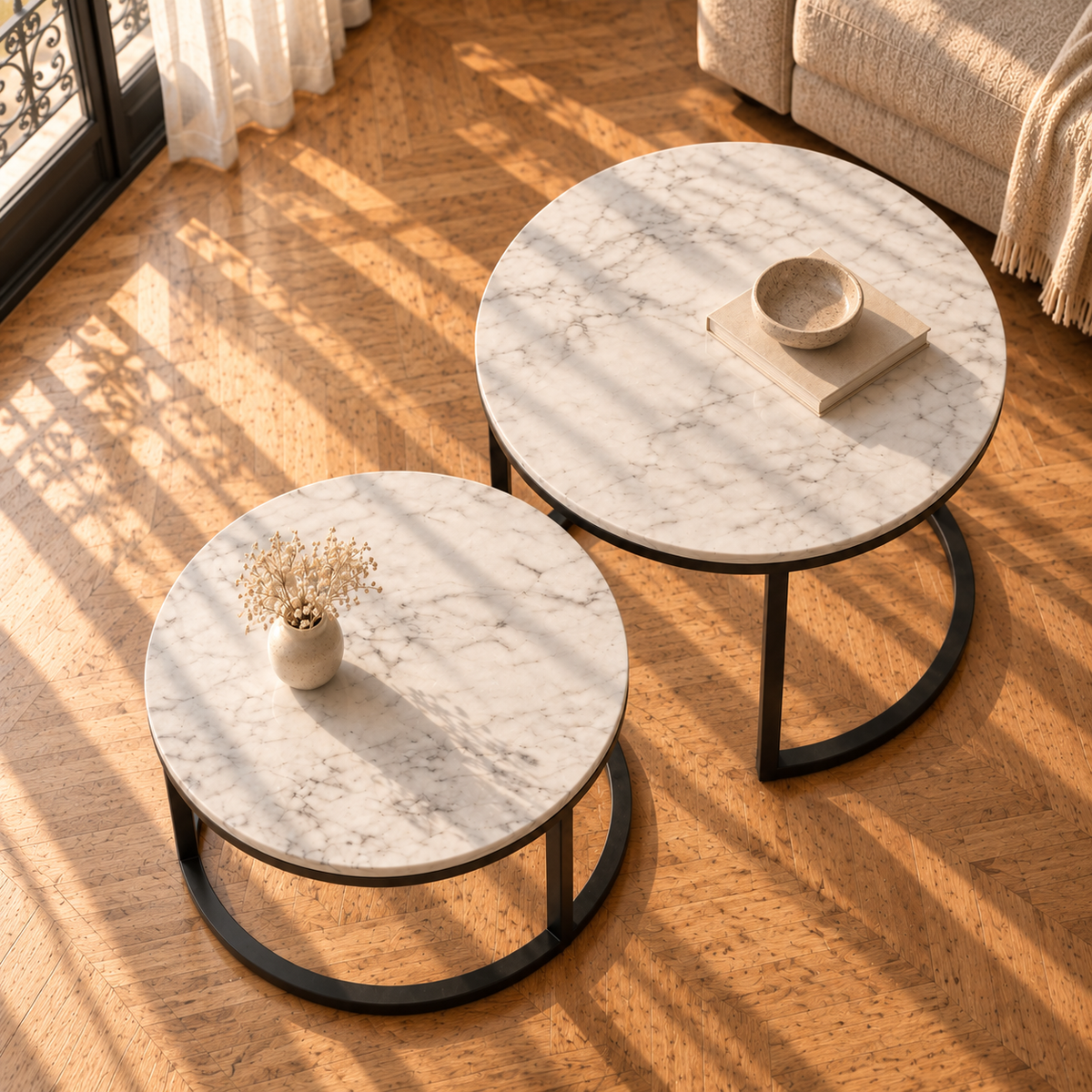 Table basse gigogne ronde effet marbre métal noir