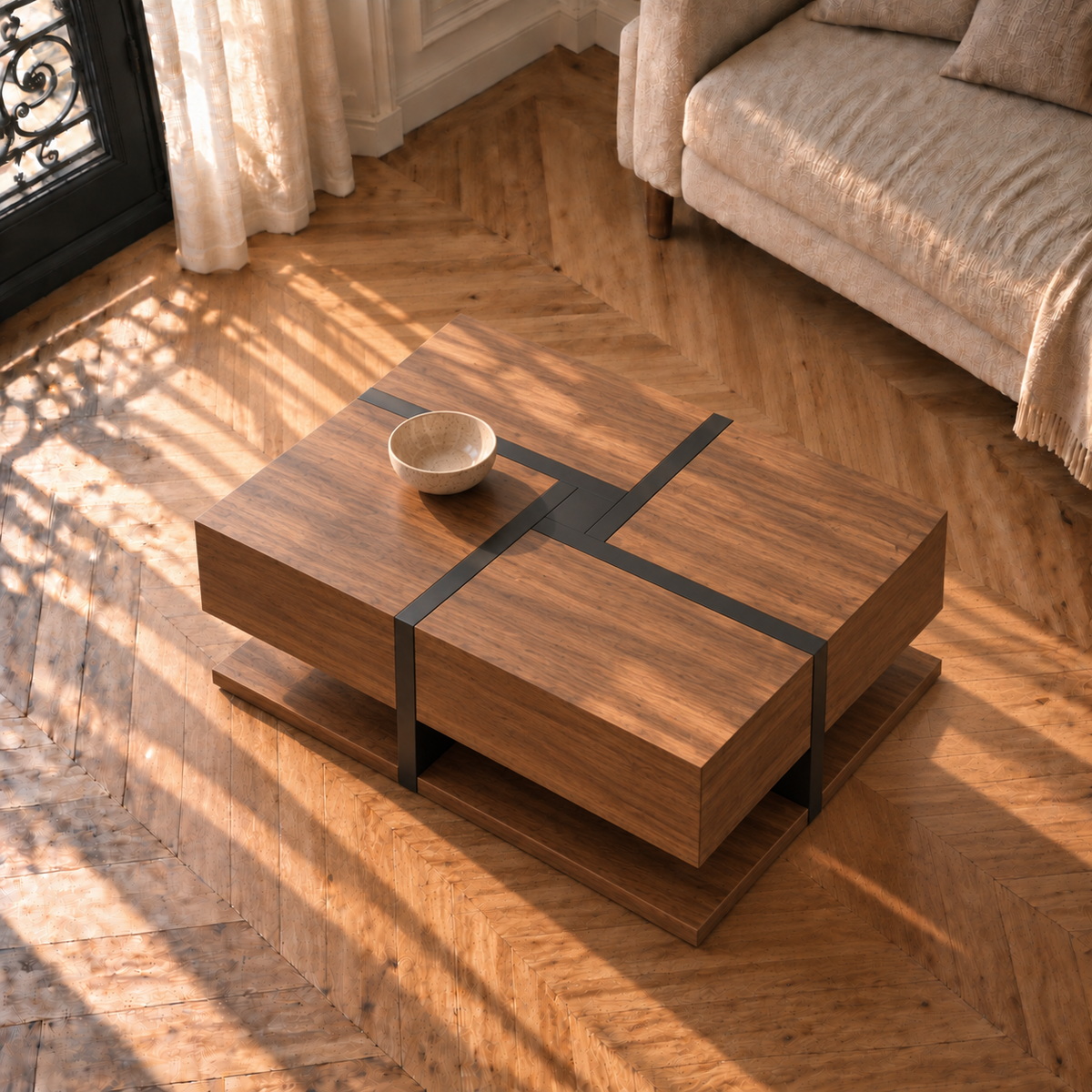 Table basse bois carrée - design géométrique