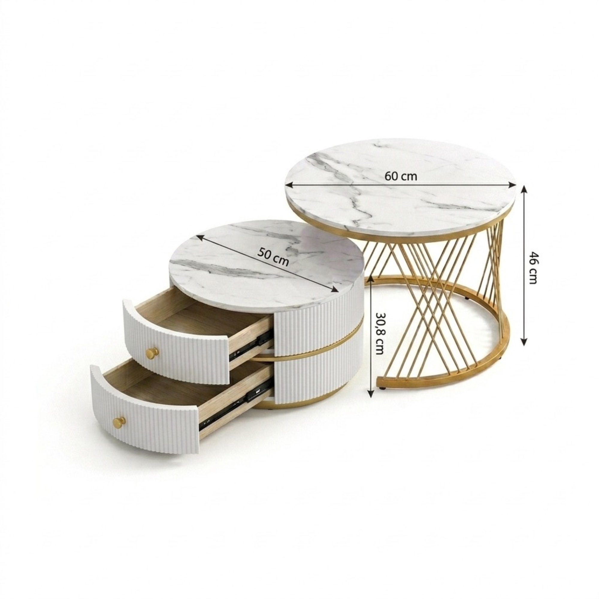 Tables basses gigognes rondes effet marbre blanc – table rangement 2 tiroirs – métal doré