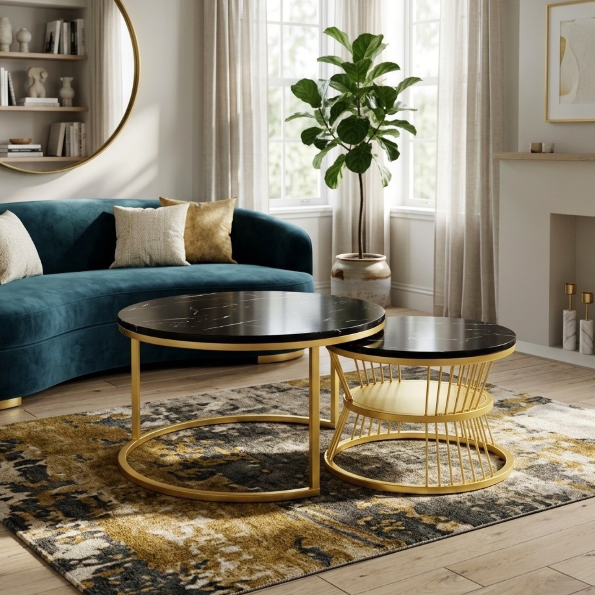 Table basse gigogne ronde effet marbre noir – lot de 2 – structure métal doré
