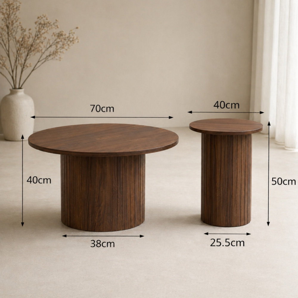 Tables basses gigognes rondes effet bois – lot de 2 – piètement colonne rainurée