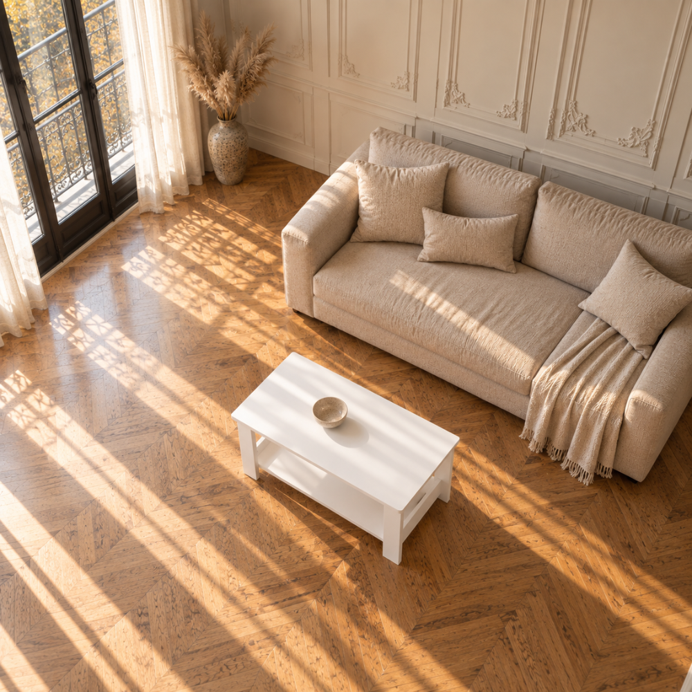 Table basse bois blanche finition grain de bois
