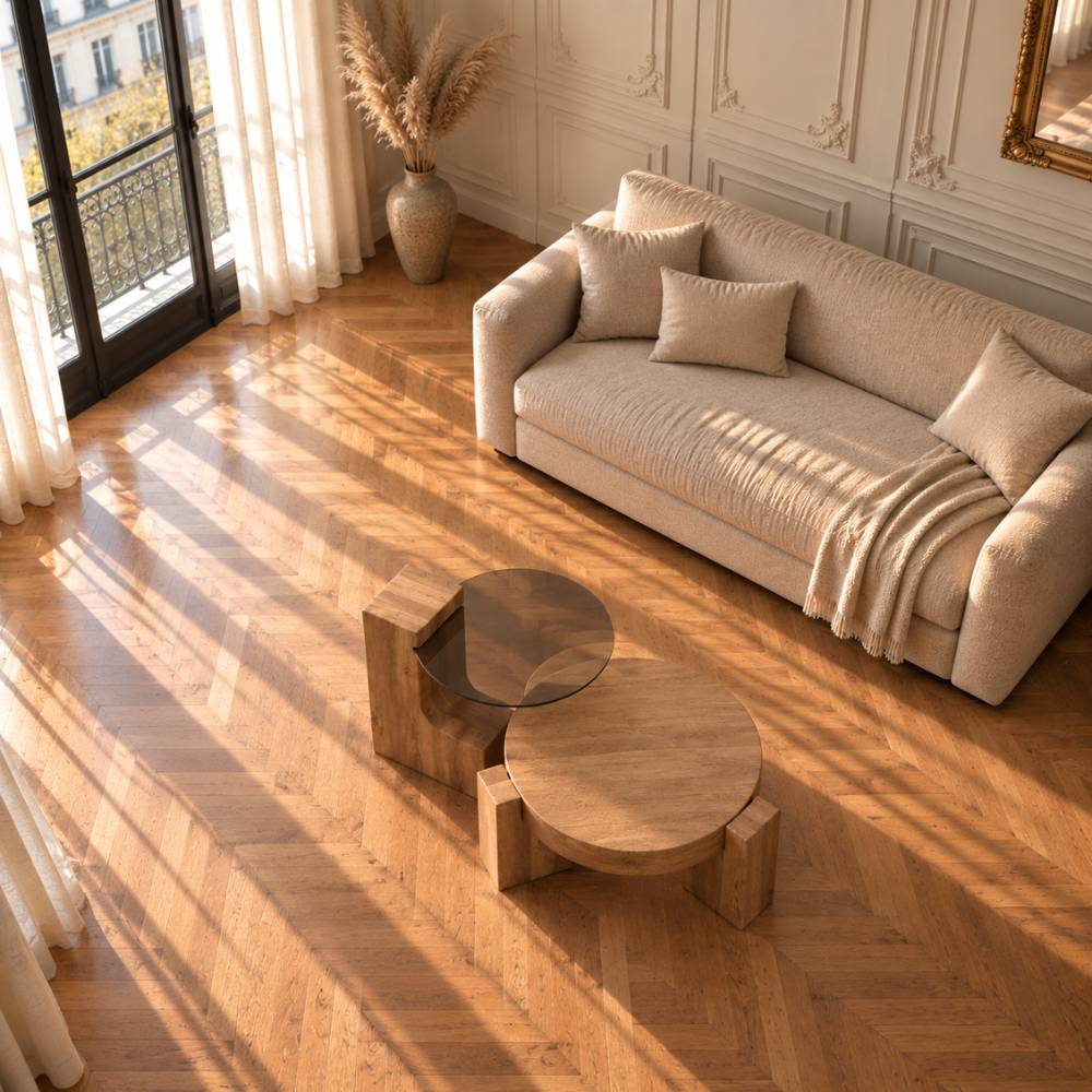 Table basse en verre et bois - design rond