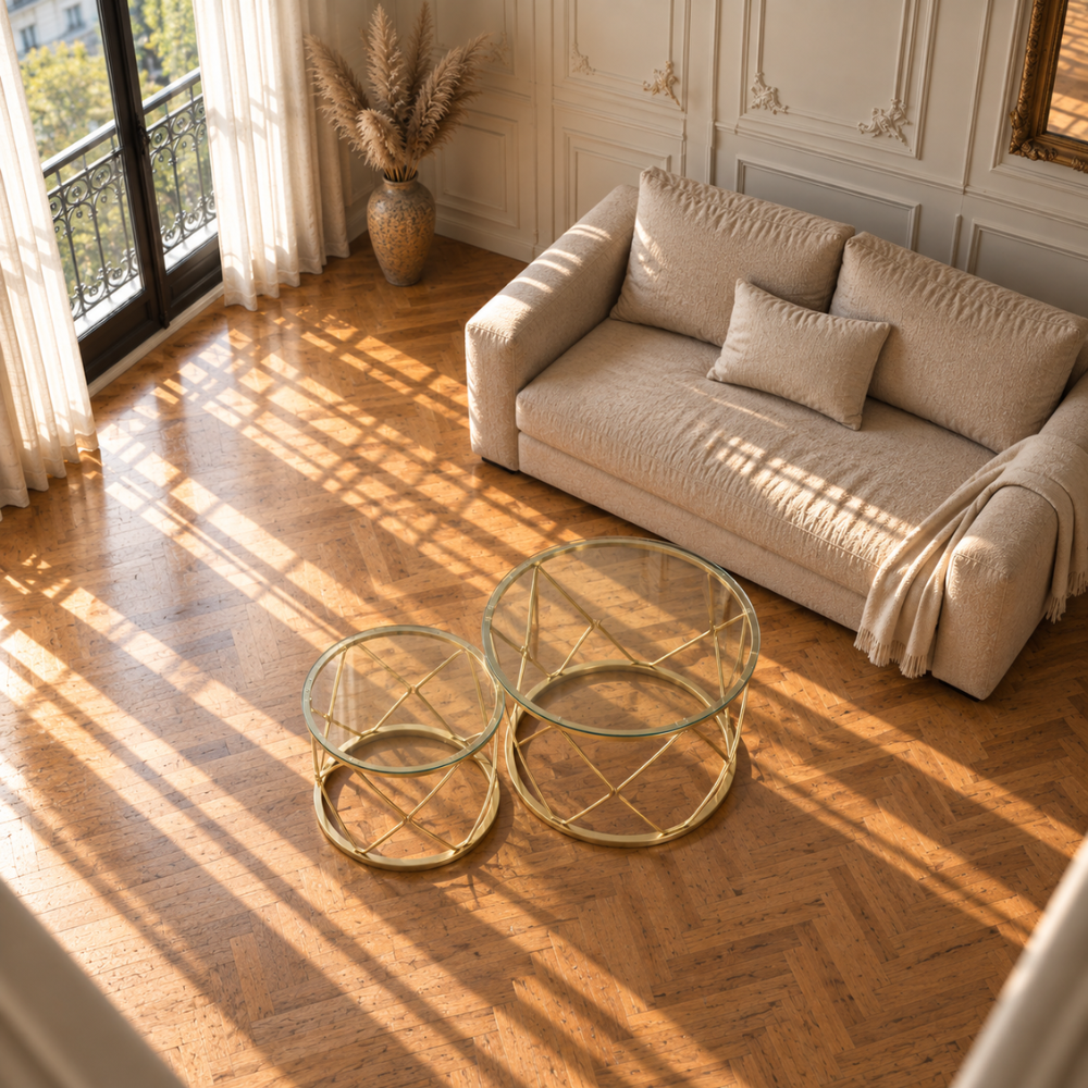 Table basse gigogne en verre ronde dorée
