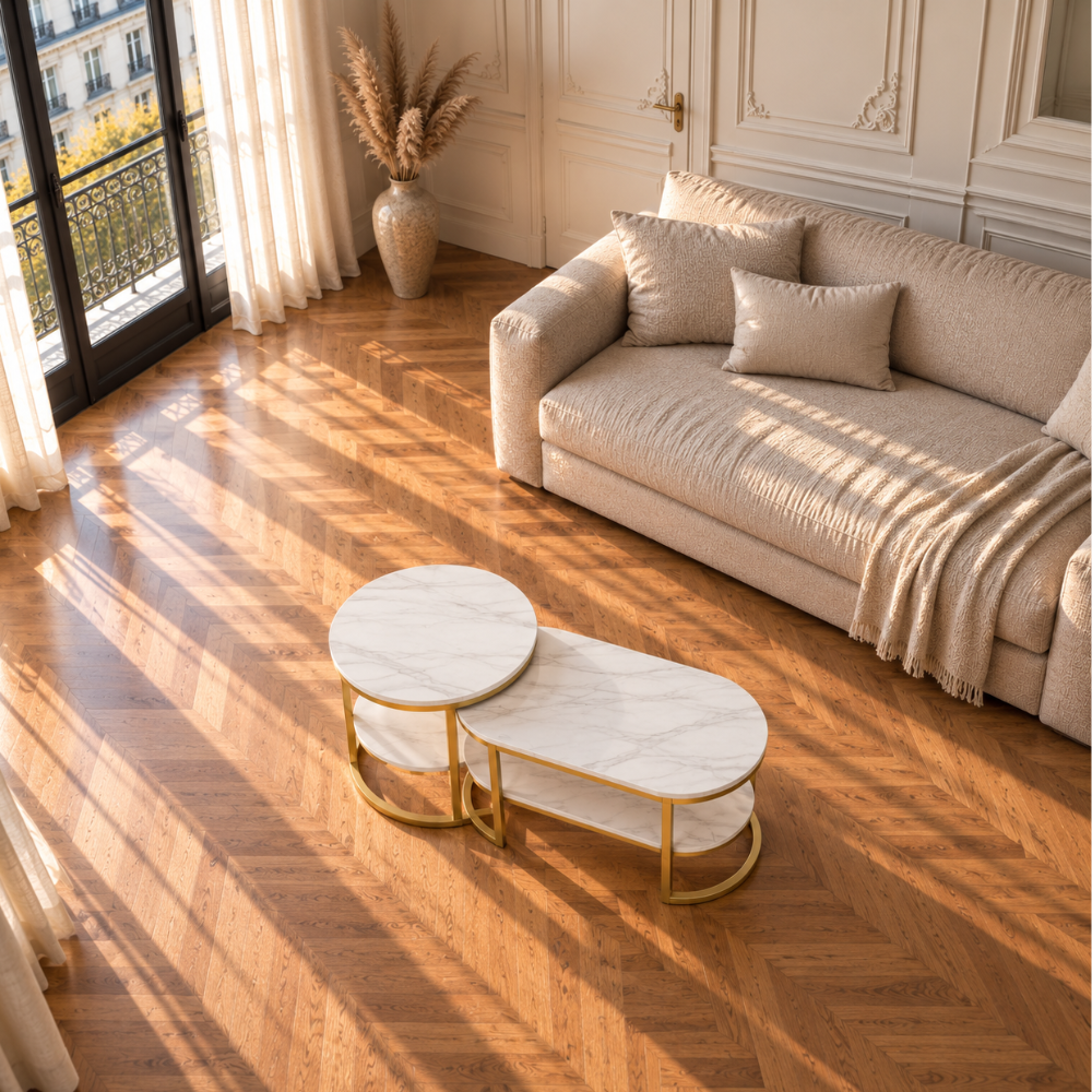 Table basse gigogne ovale effet marbre dorée