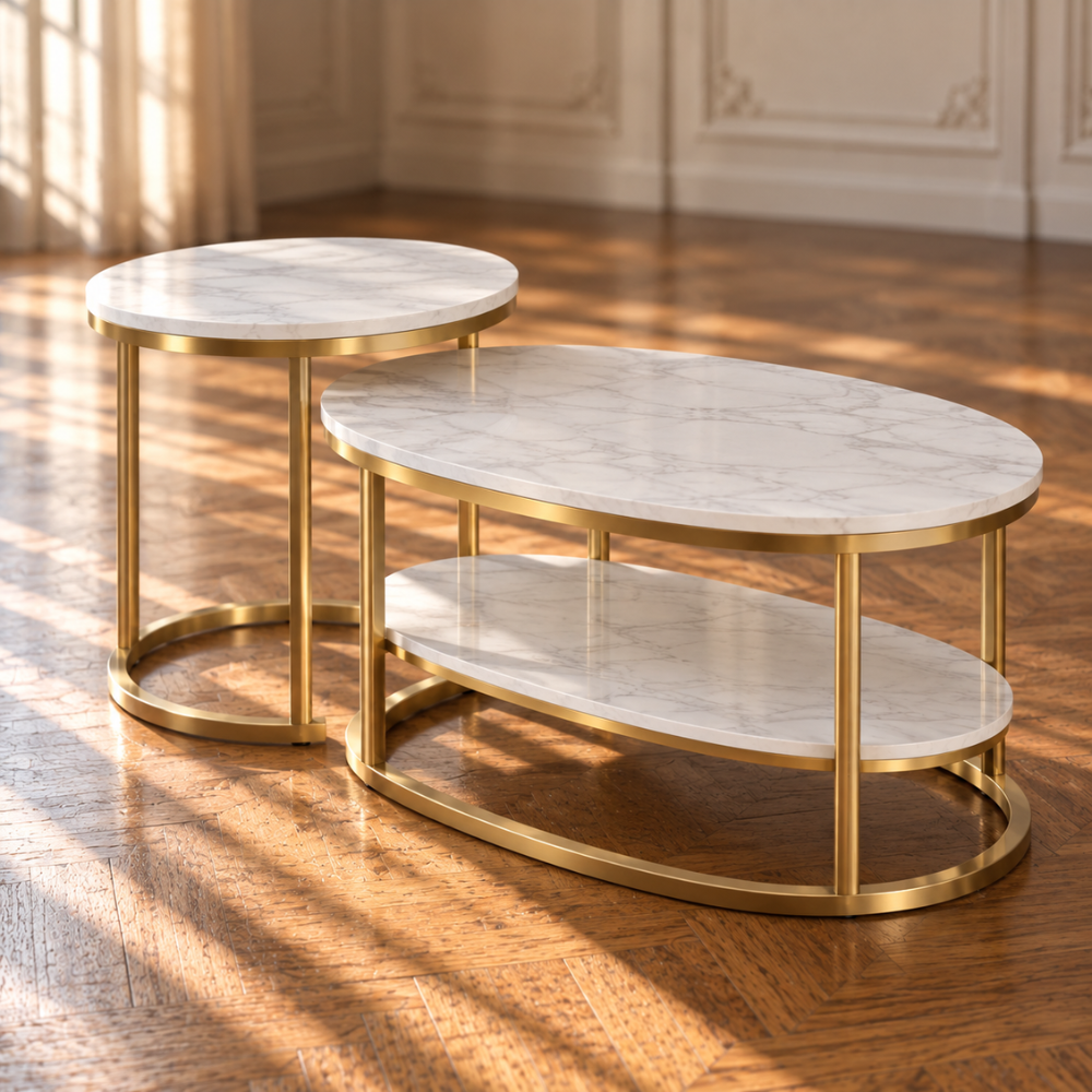 Table basse gigogne ovale effet marbre dorée