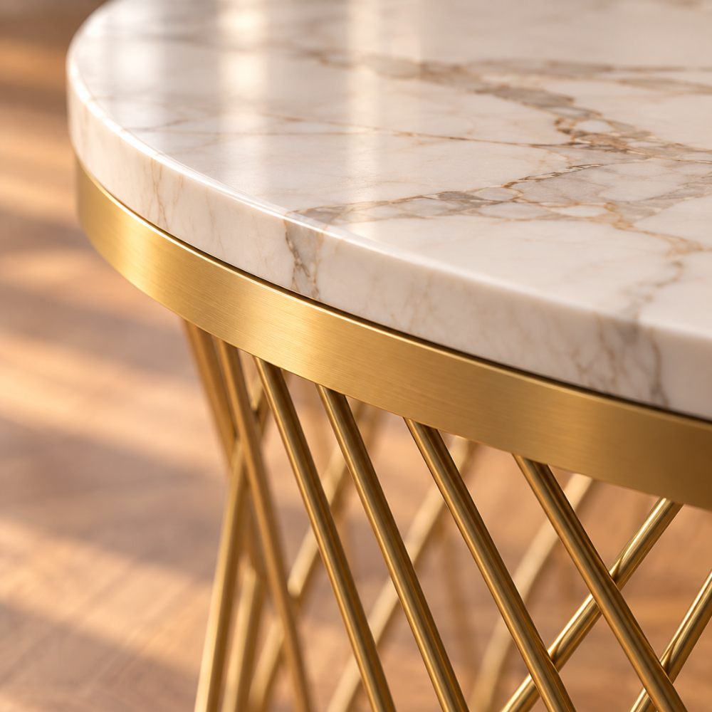 Table basse gigogne ronde effet marbre avec tiroirs