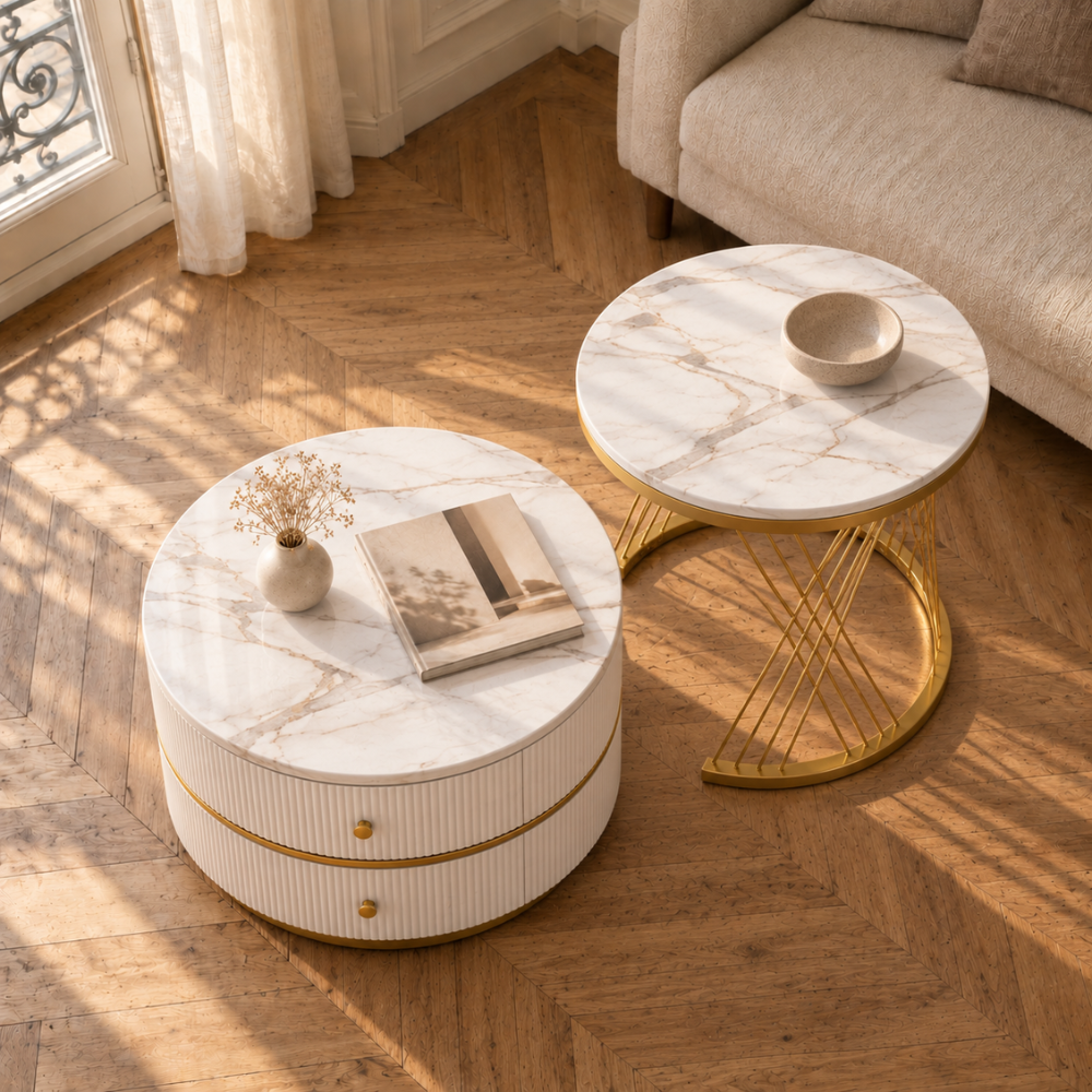 Table basse gigogne ronde effet marbre avec tiroirs
