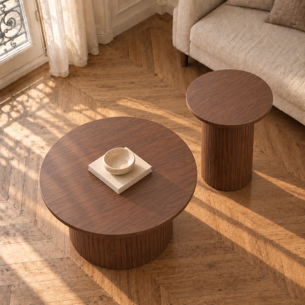 Tables basses gigognes rondes effet bois, colonne rainurée