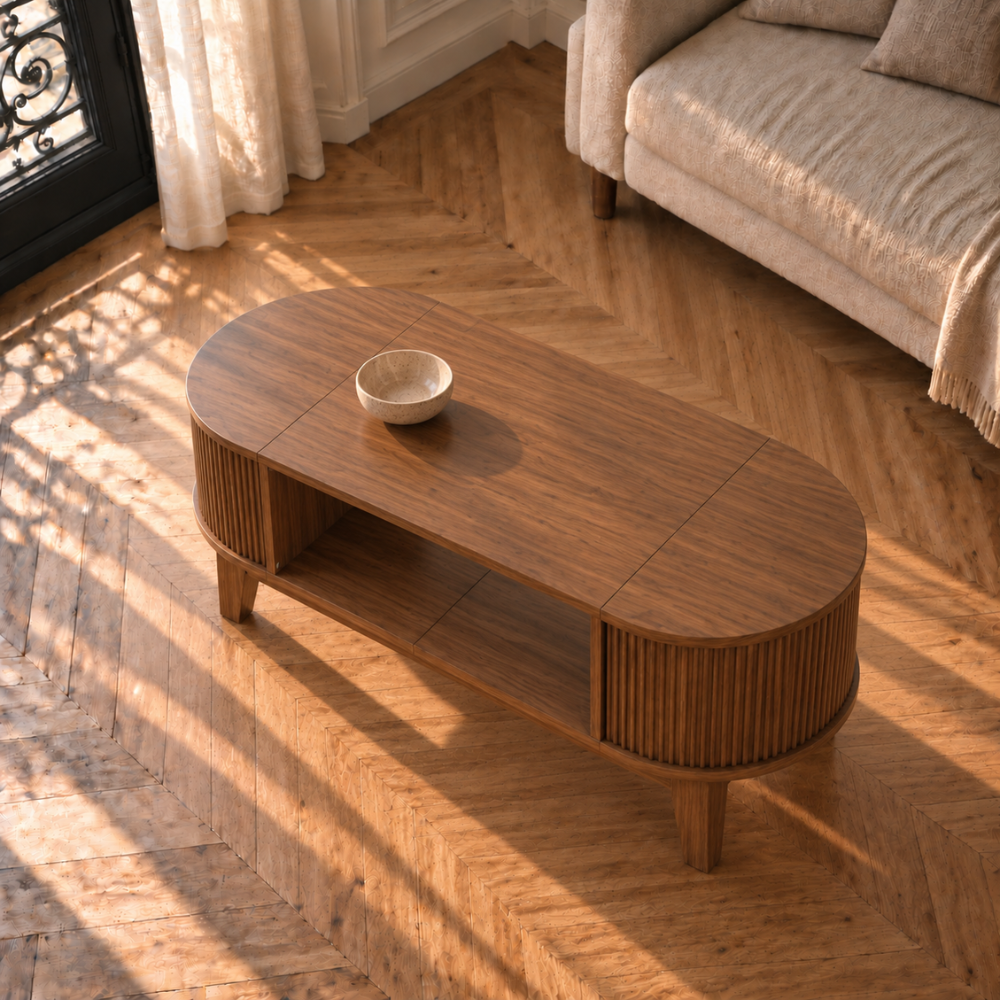 Table basse bois ovale finition noyer