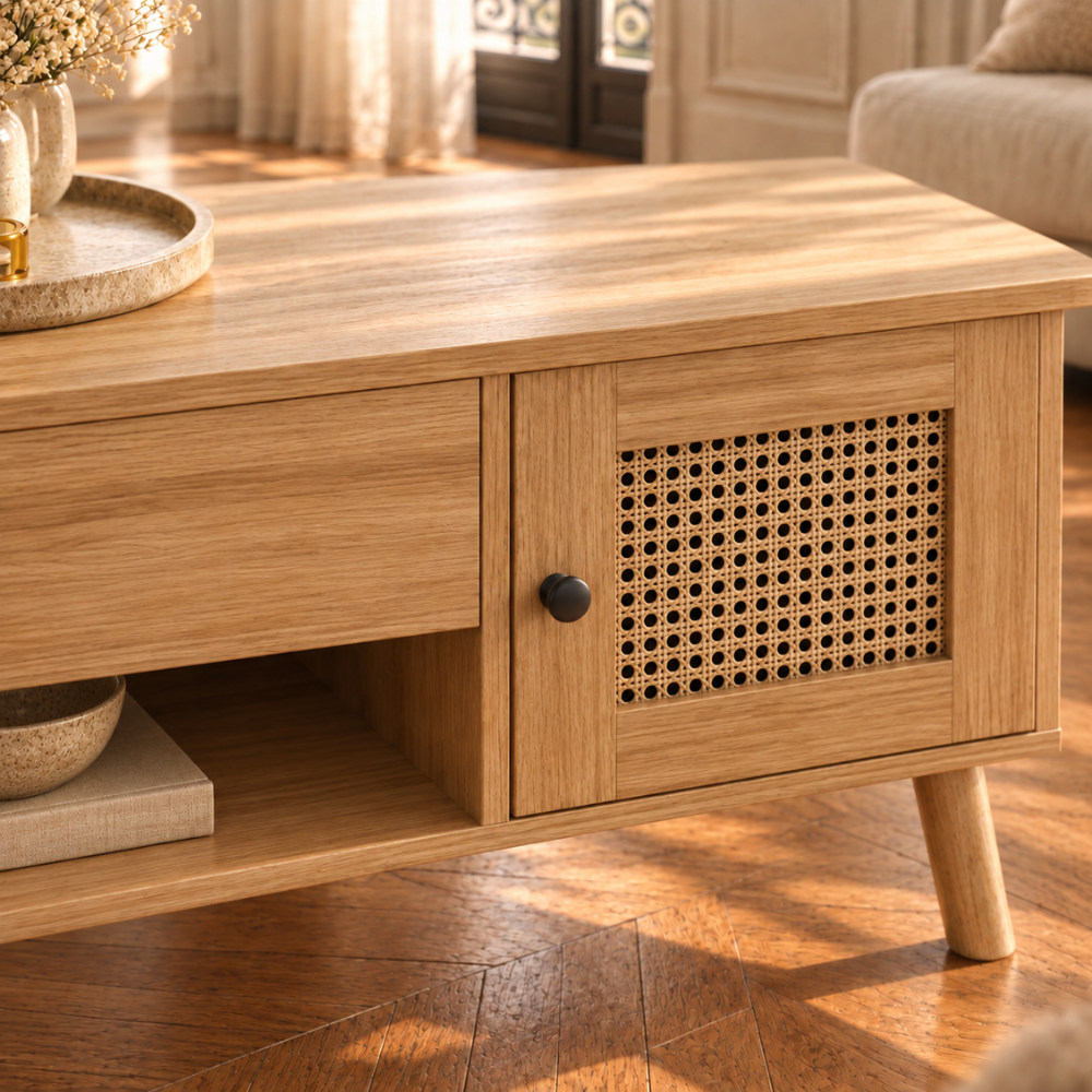 Table basse bois plateau relevable rotin