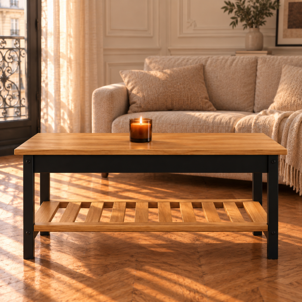 Table basse en bois de pin massif noir avec rangement