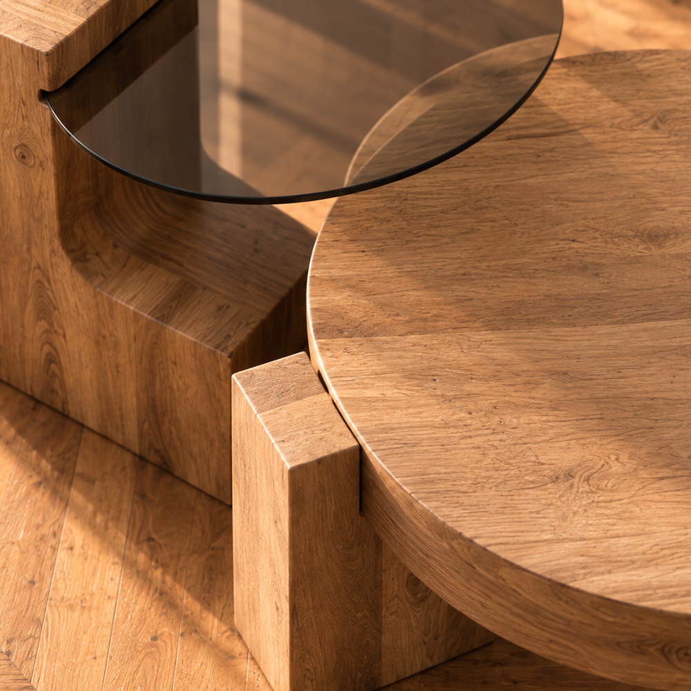 Table basse en verre et bois - design rond