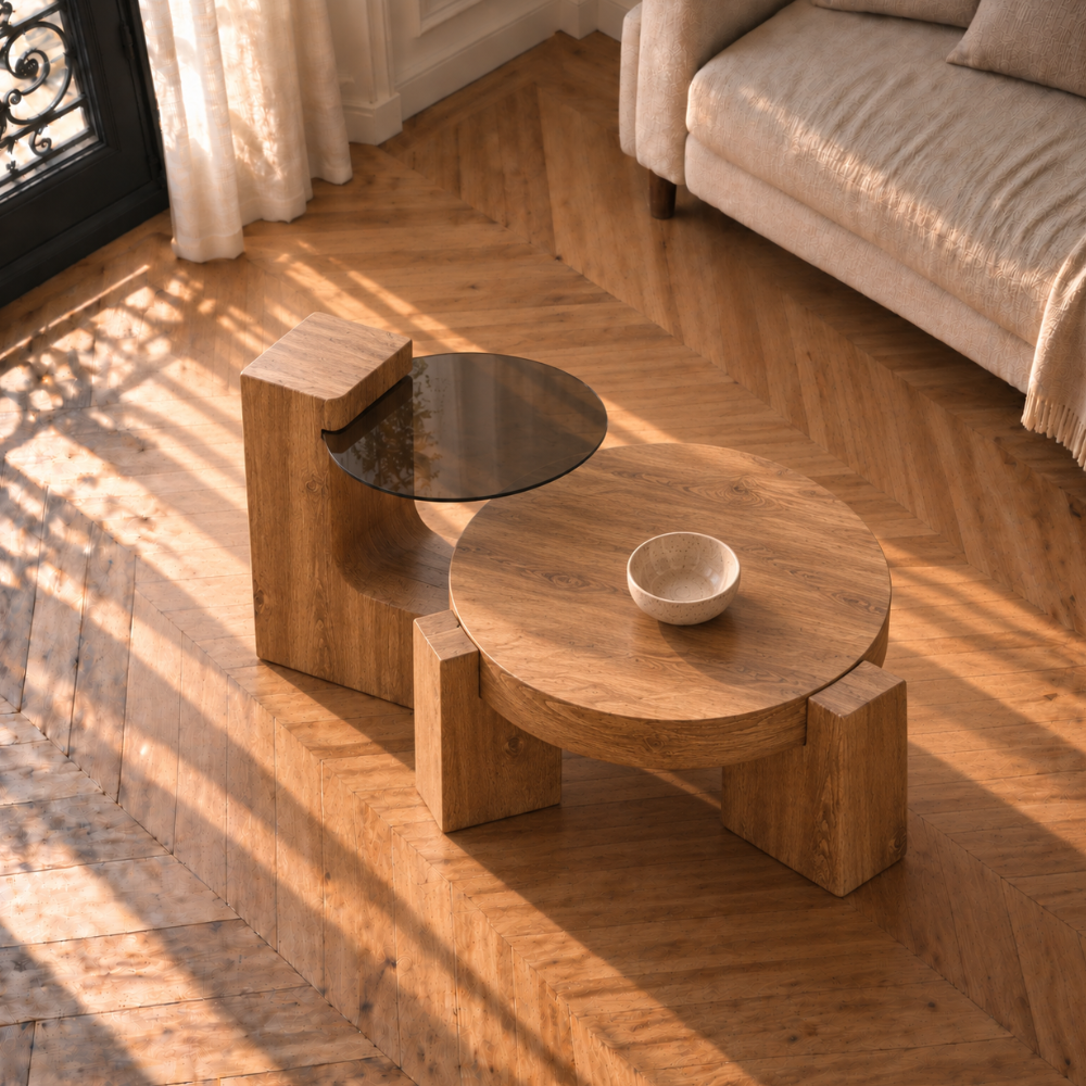 Table basse en verre et bois - design rond