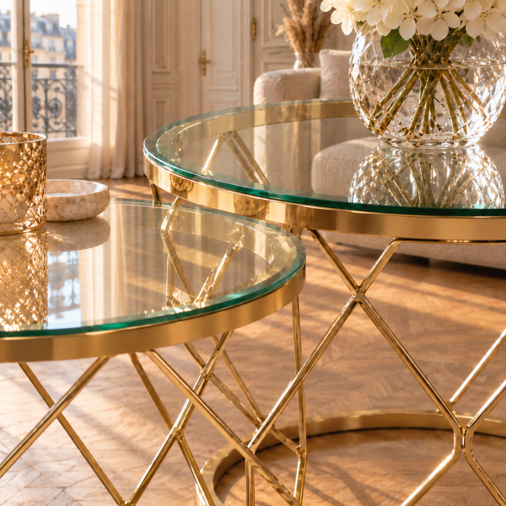 Table basse gigogne en verre ronde dorée