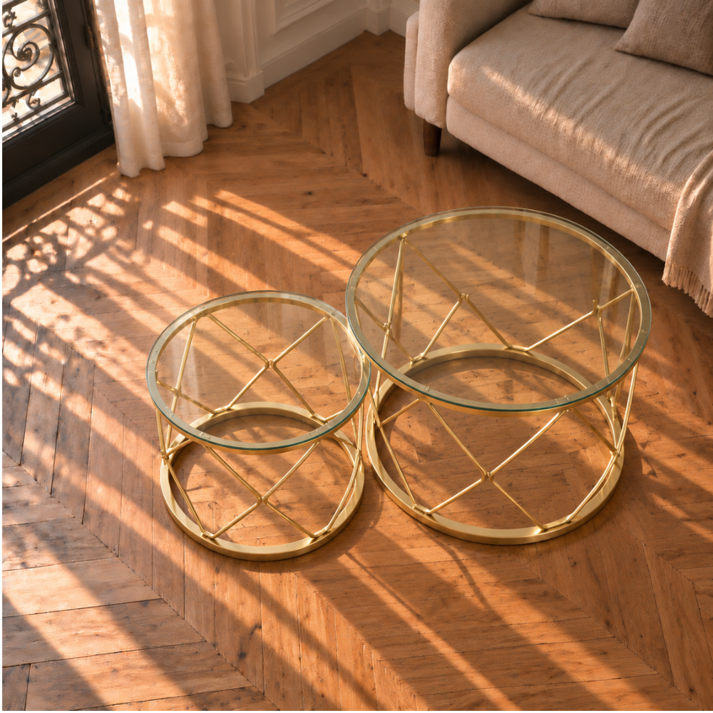 Table basse gigogne en verre ronde dorée