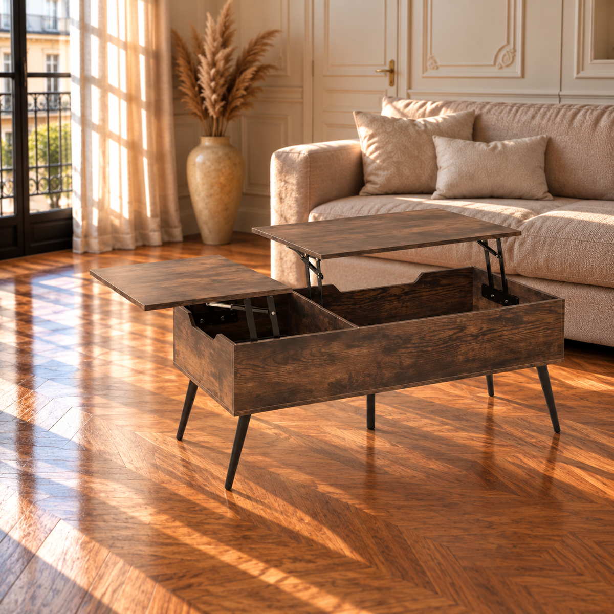 Table Basse Relevable Style Bois Double Plateau avec Rangement