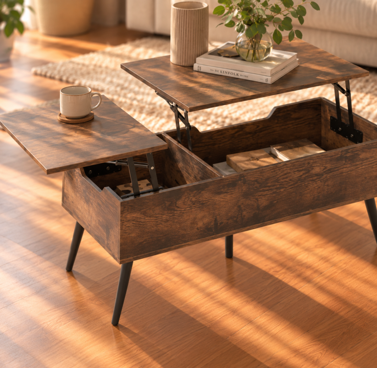 Table Basse Relevable Style Bois Double Plateau avec Rangement
