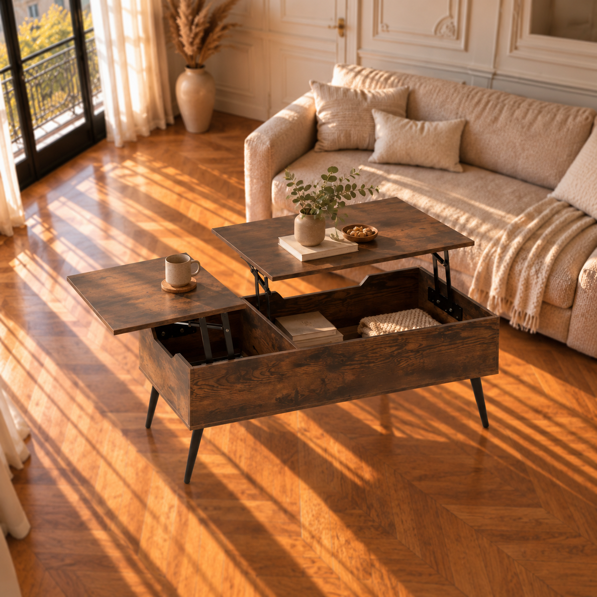 Table Basse Relevable Style Bois Double Plateau avec Rangement