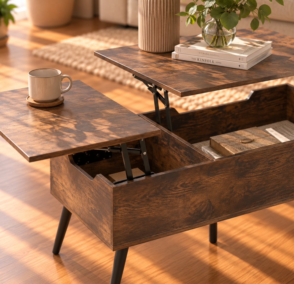 Table Basse Relevable Style Bois Double Plateau avec Rangement