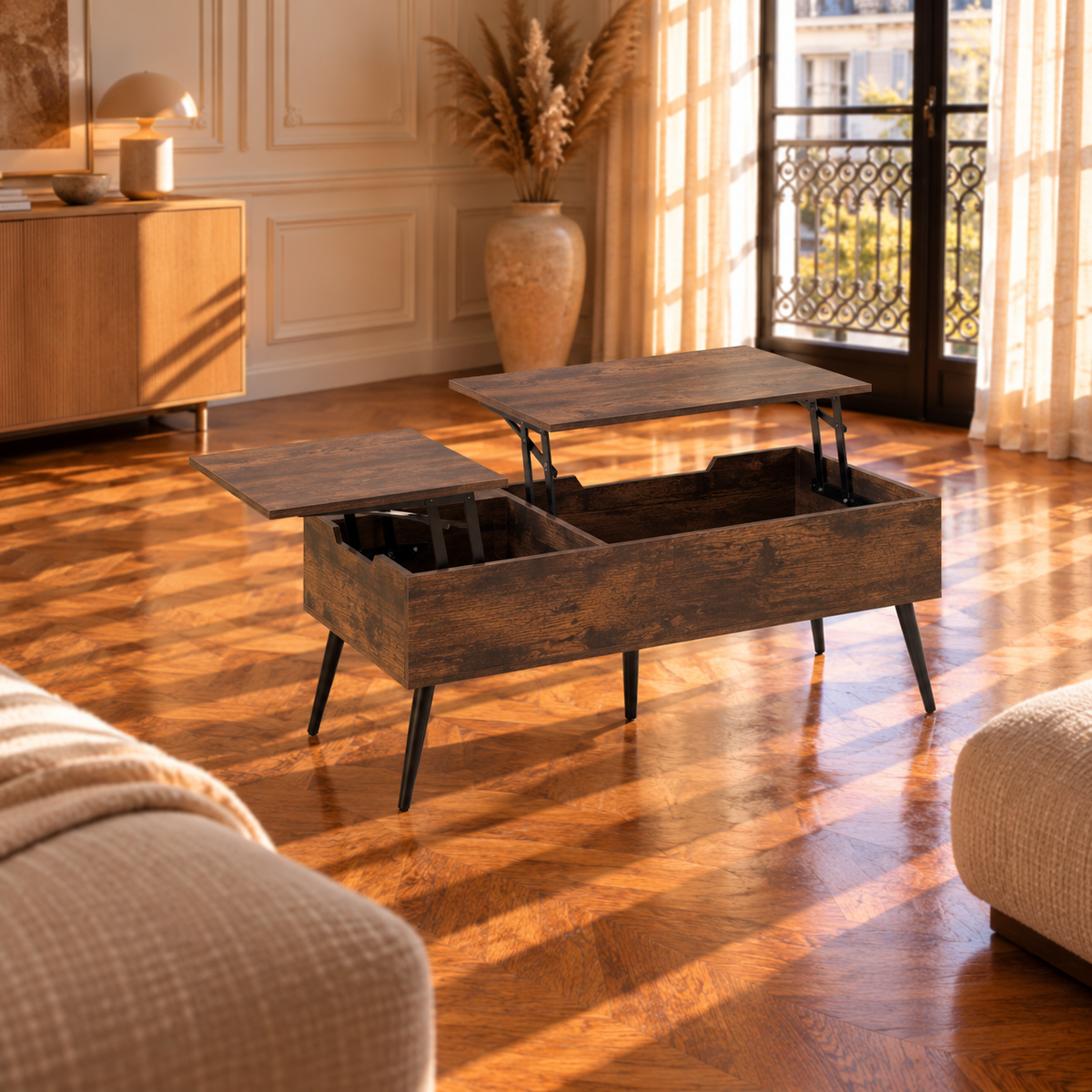 Table Basse Relevable Style Bois Double Plateau avec Rangement