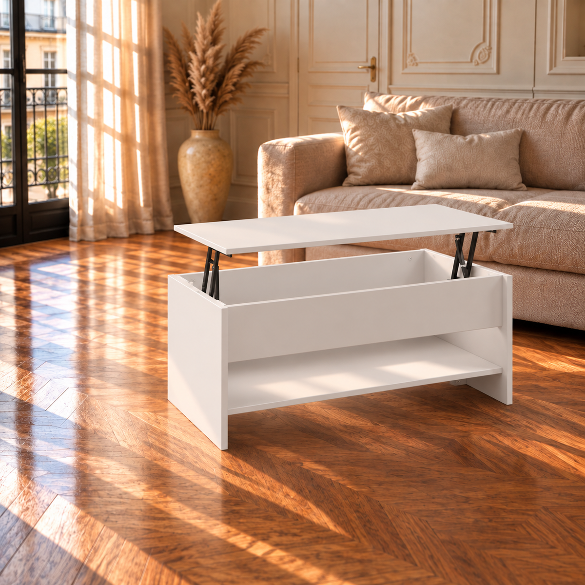 Table Basse Relevable Blanche Compacte avec Rangement Caché