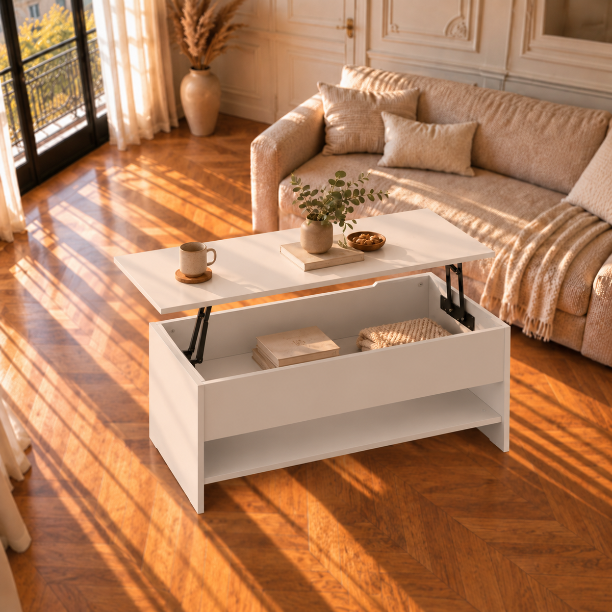 Table Basse Relevable Blanche Compacte avec Rangement Caché