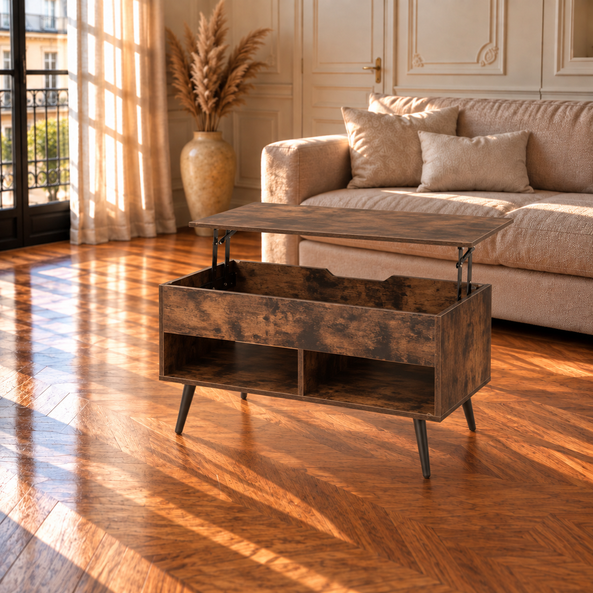 Table Basse Relevable Style Bois avec Rangement Caché et Étagères