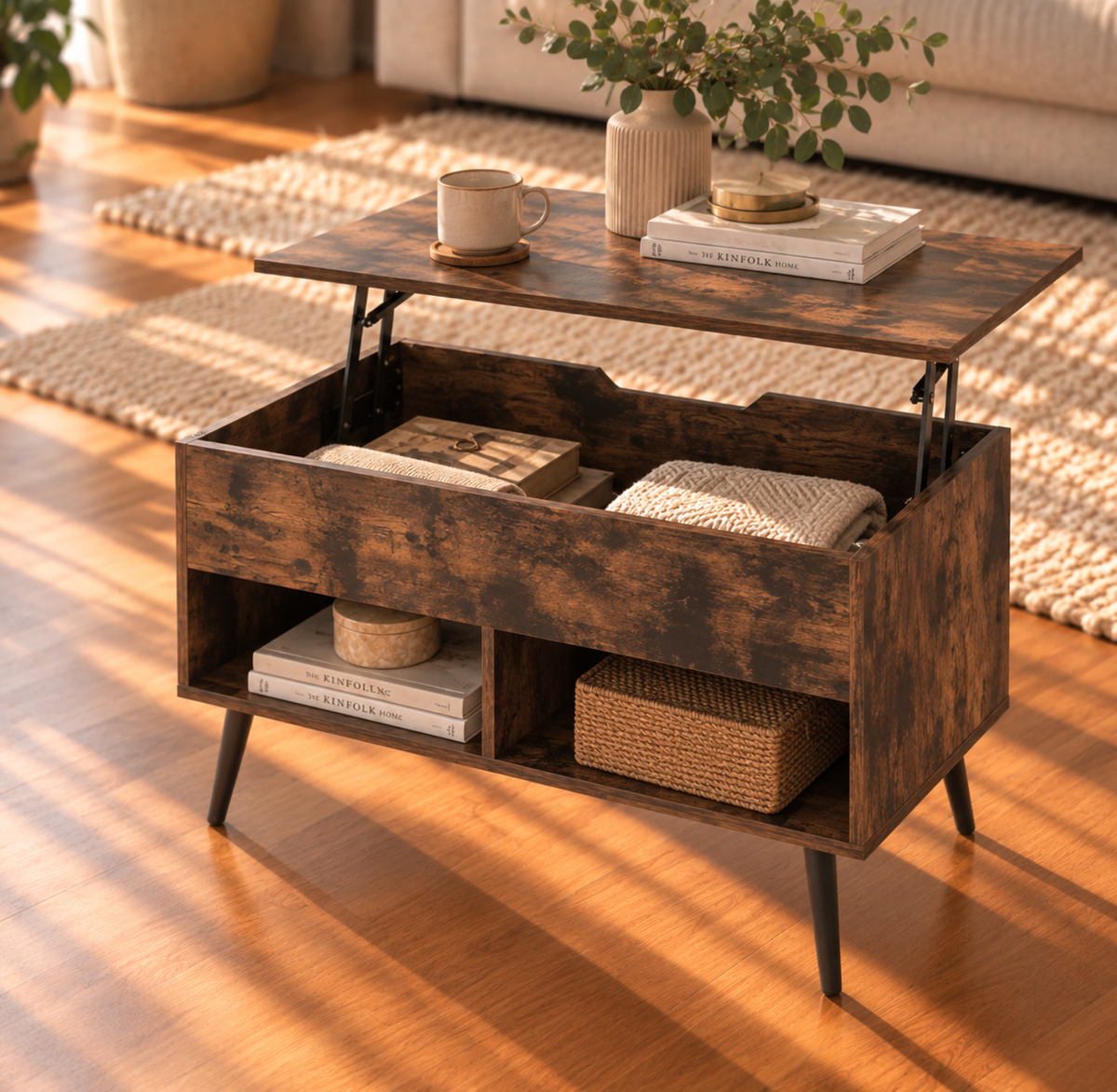Table Basse Relevable Style Bois avec Rangement Caché et Étagères