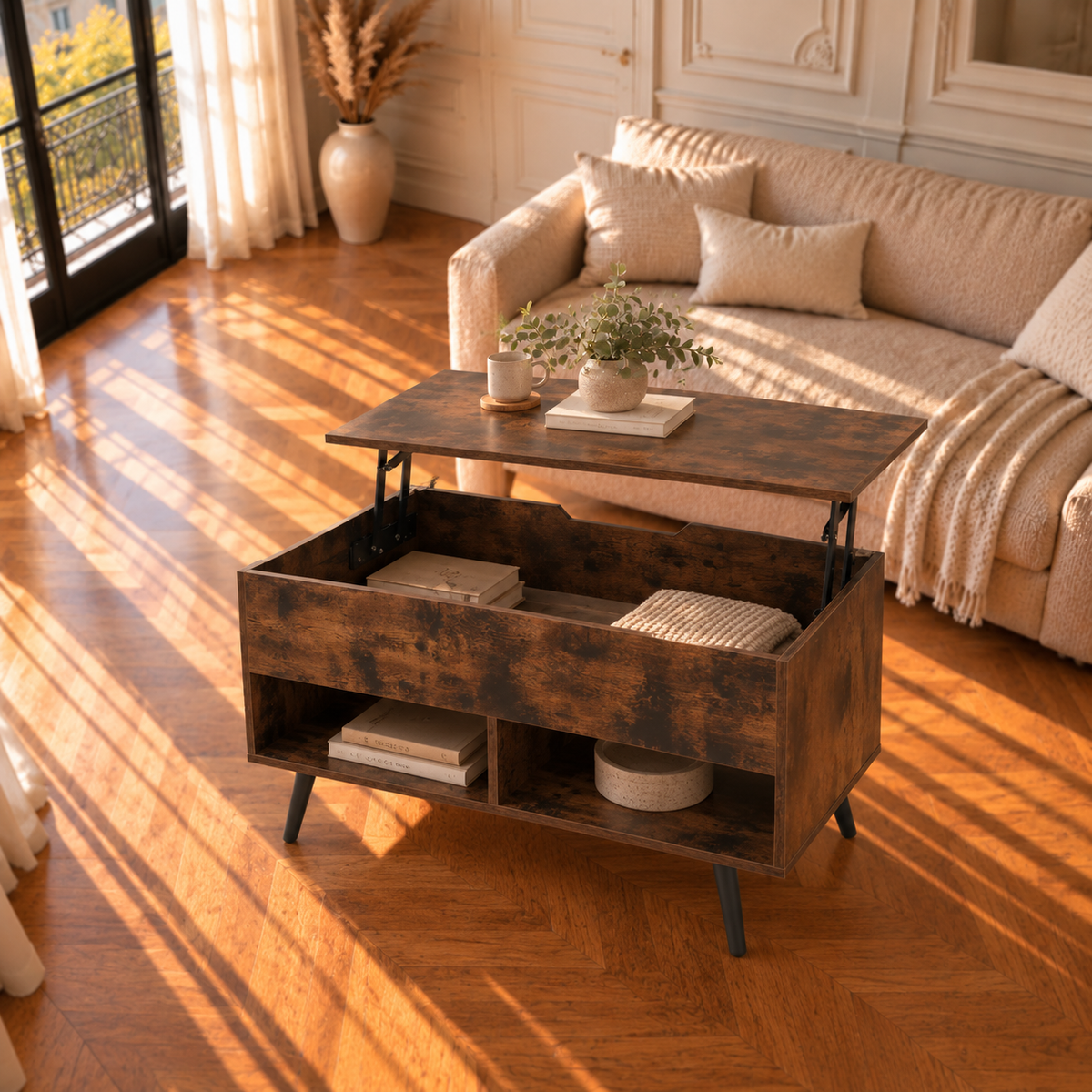 Table Basse Relevable Style Bois avec Rangement Caché et Étagères