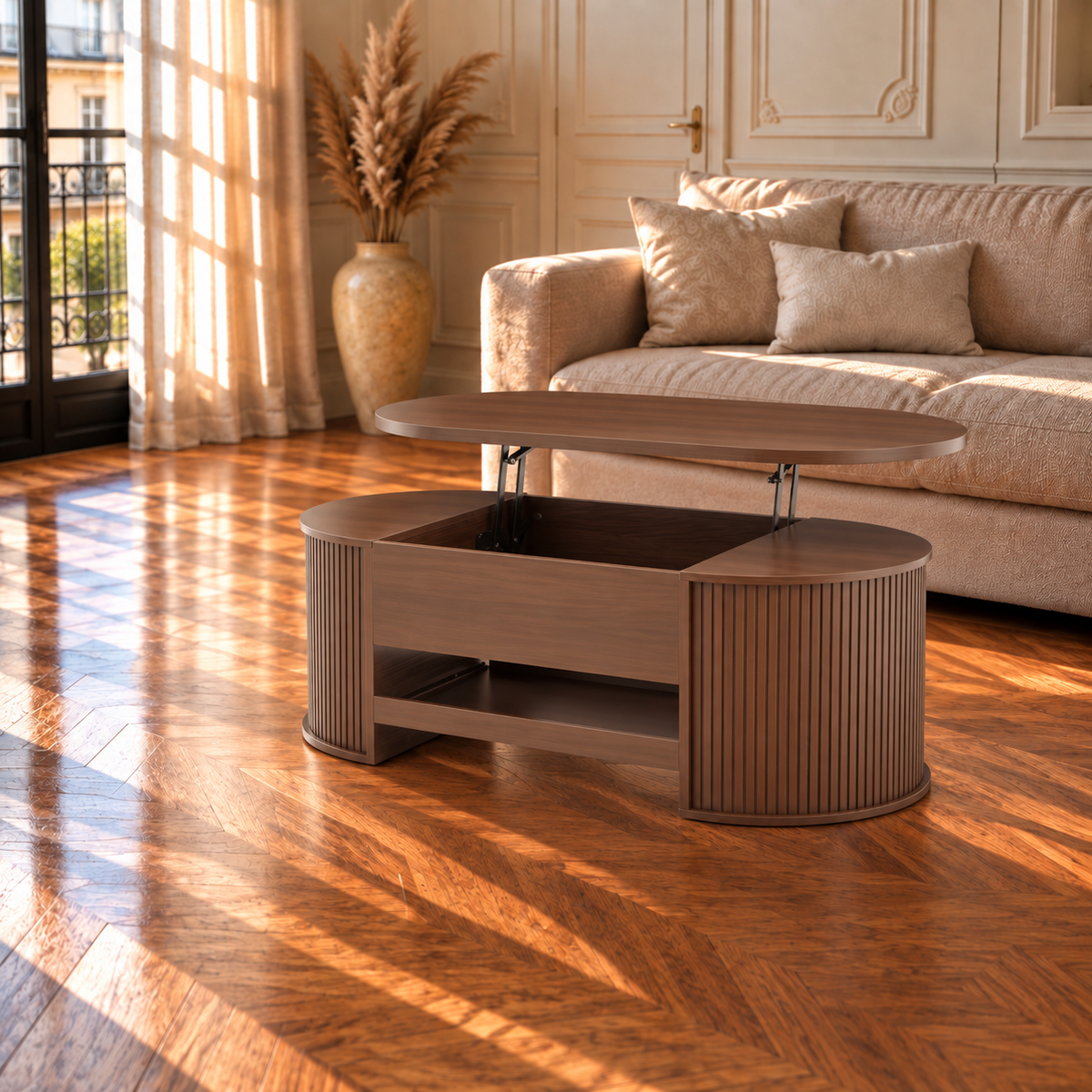 Table Basse Relevable Ovale Cannelée Style Noyer avec Rangement