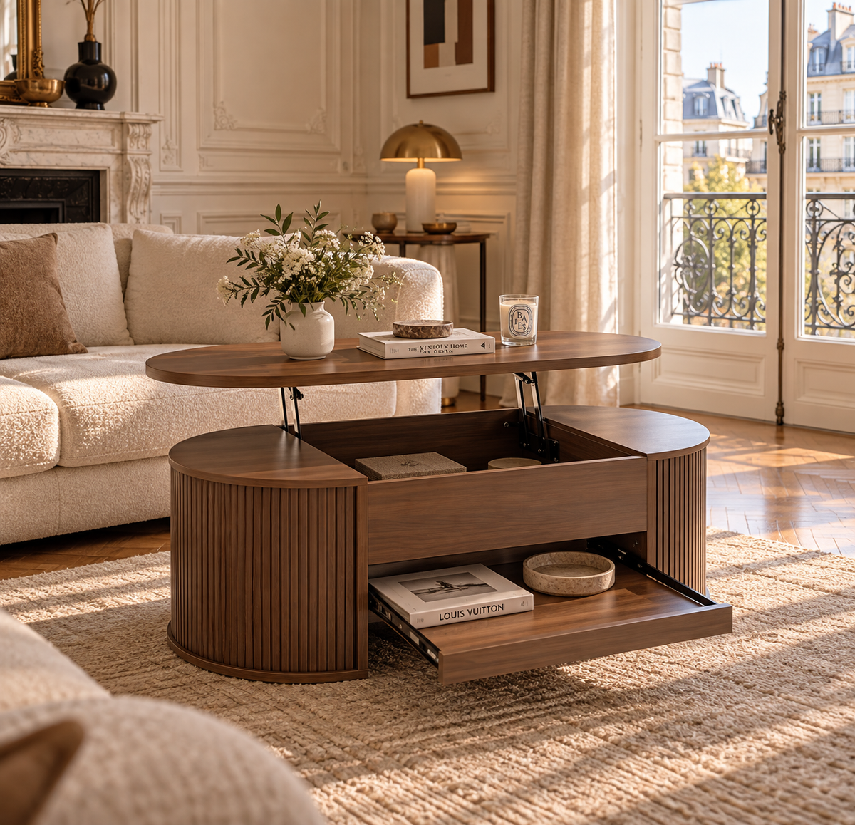 Table Basse Relevable Ovale Cannelée Style Noyer avec Rangement