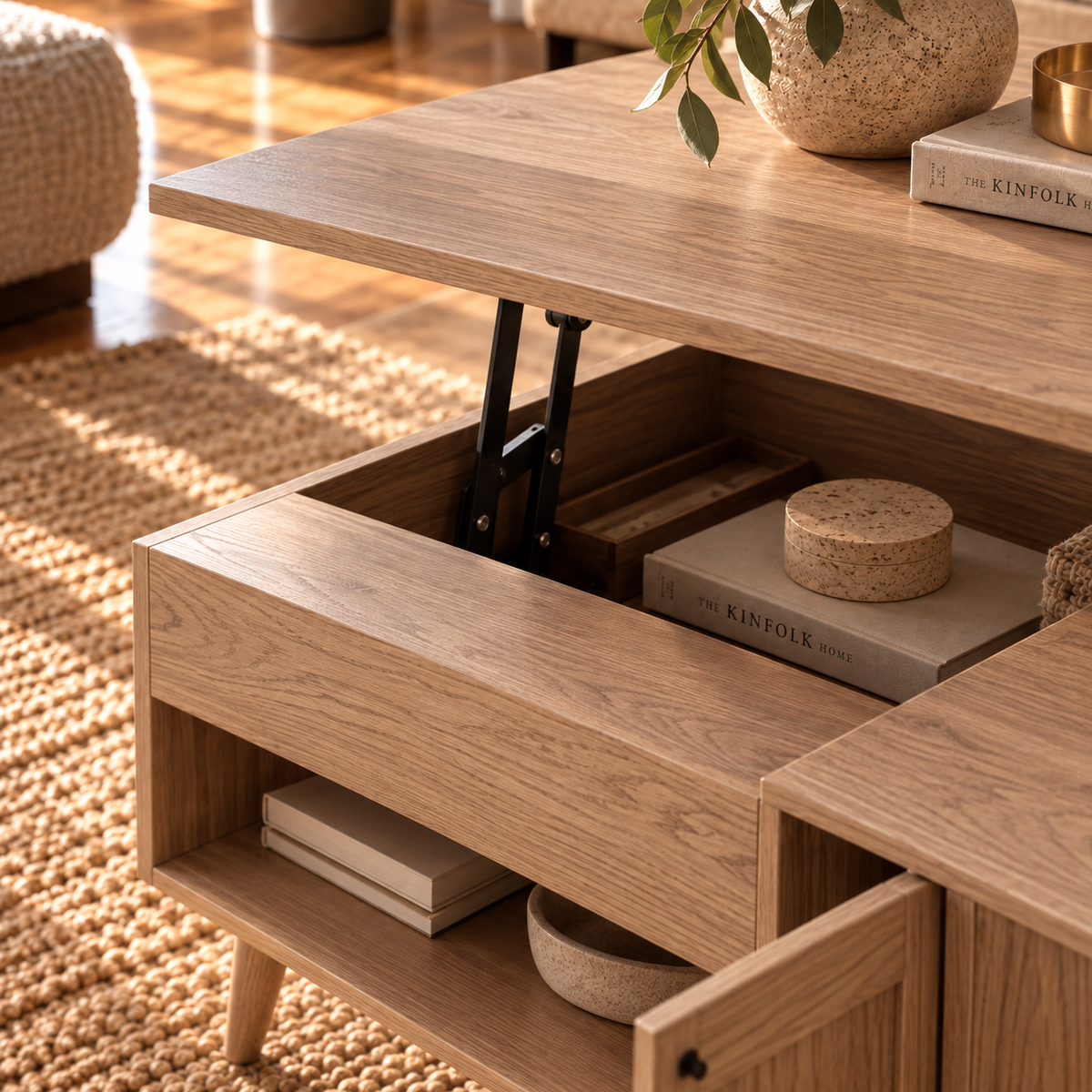 Table Basse Relevable Style Chêne Clair avec Rangement et Placard