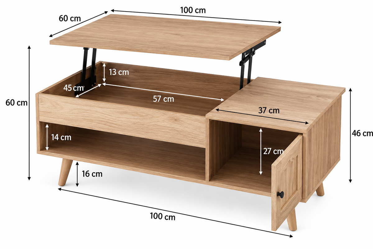Dimensions de Table Basse Relevable Style Chêne Clair avec Rangement et Placard