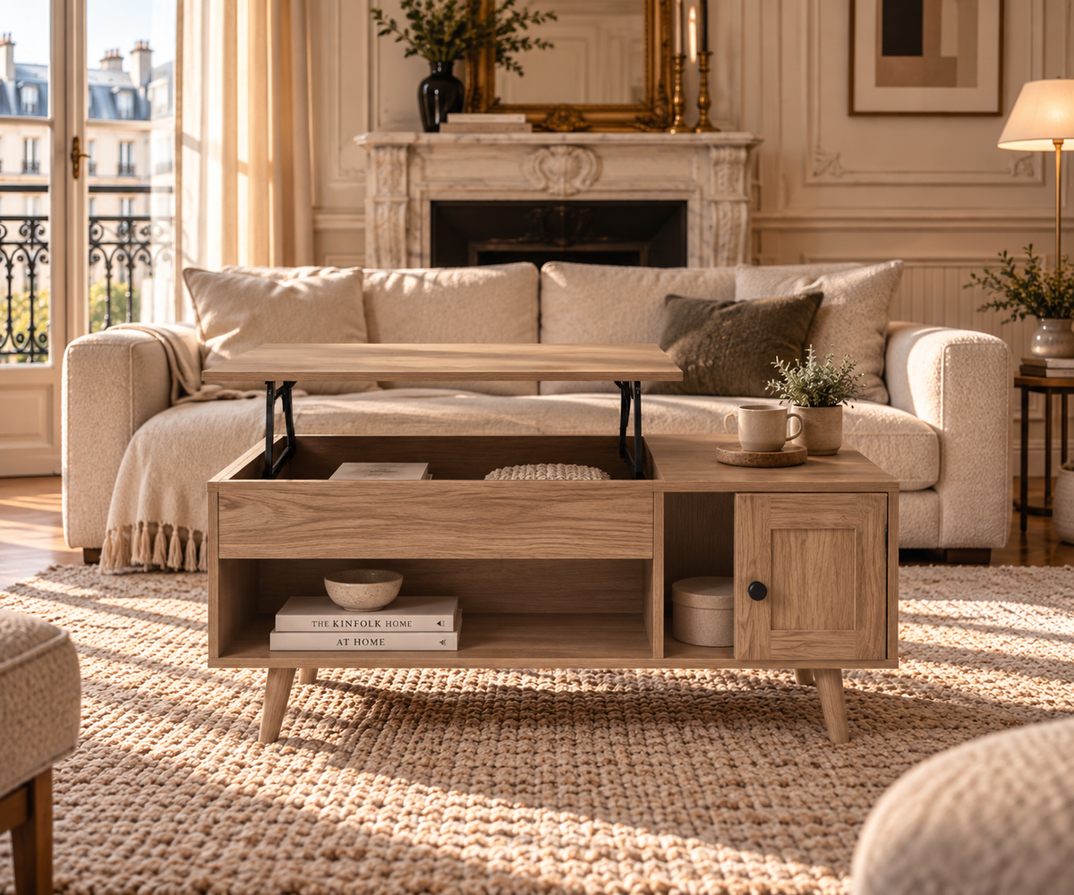 Table Basse Relevable Style Chêne Clair avec Rangement et Placard