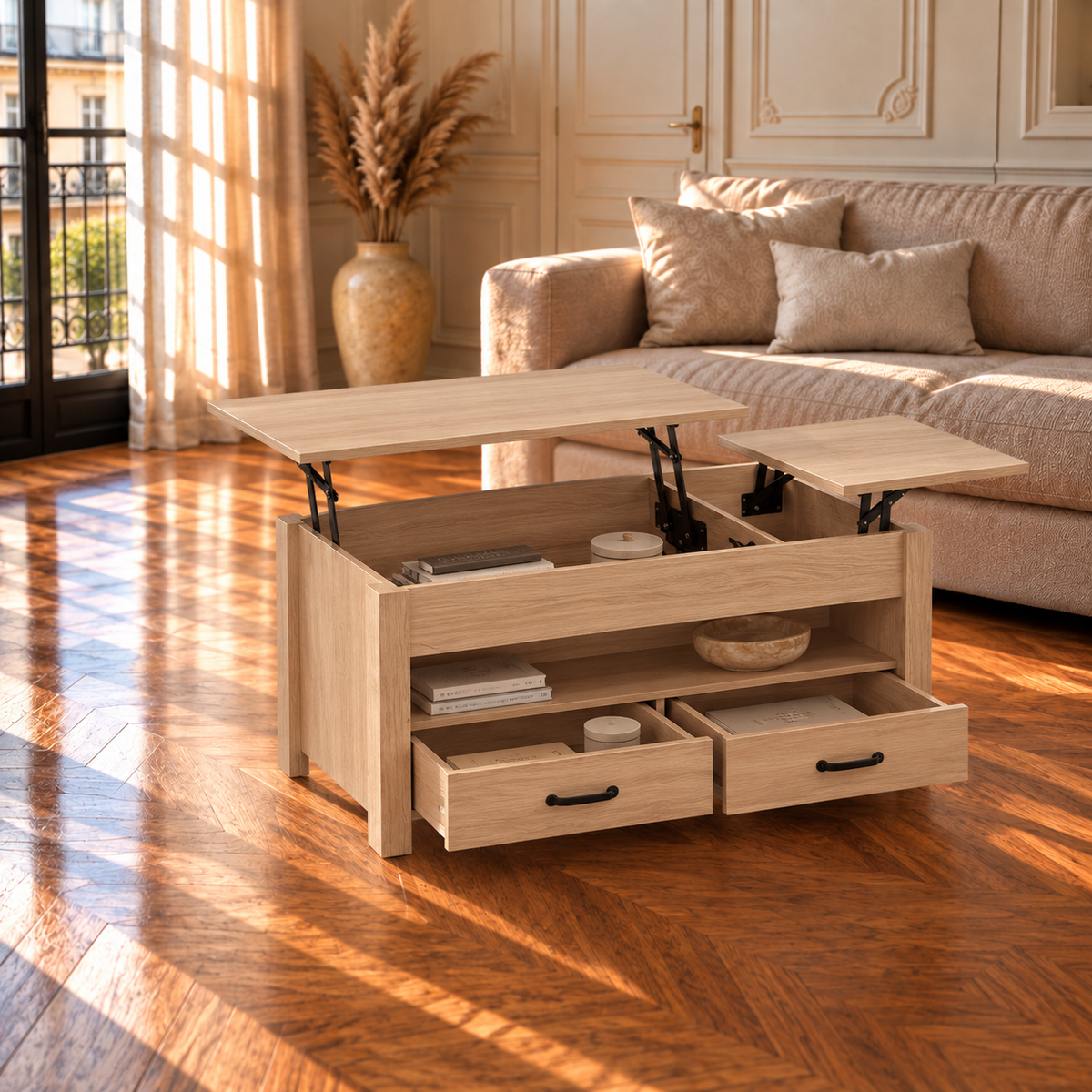 Table Basse Relevable Double Plateau avec Tiroirs et Rangement