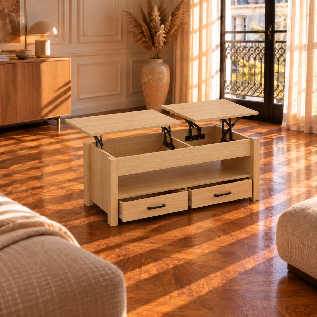 Table Basse Relevable Double Plateau avec Tiroirs et Rangement