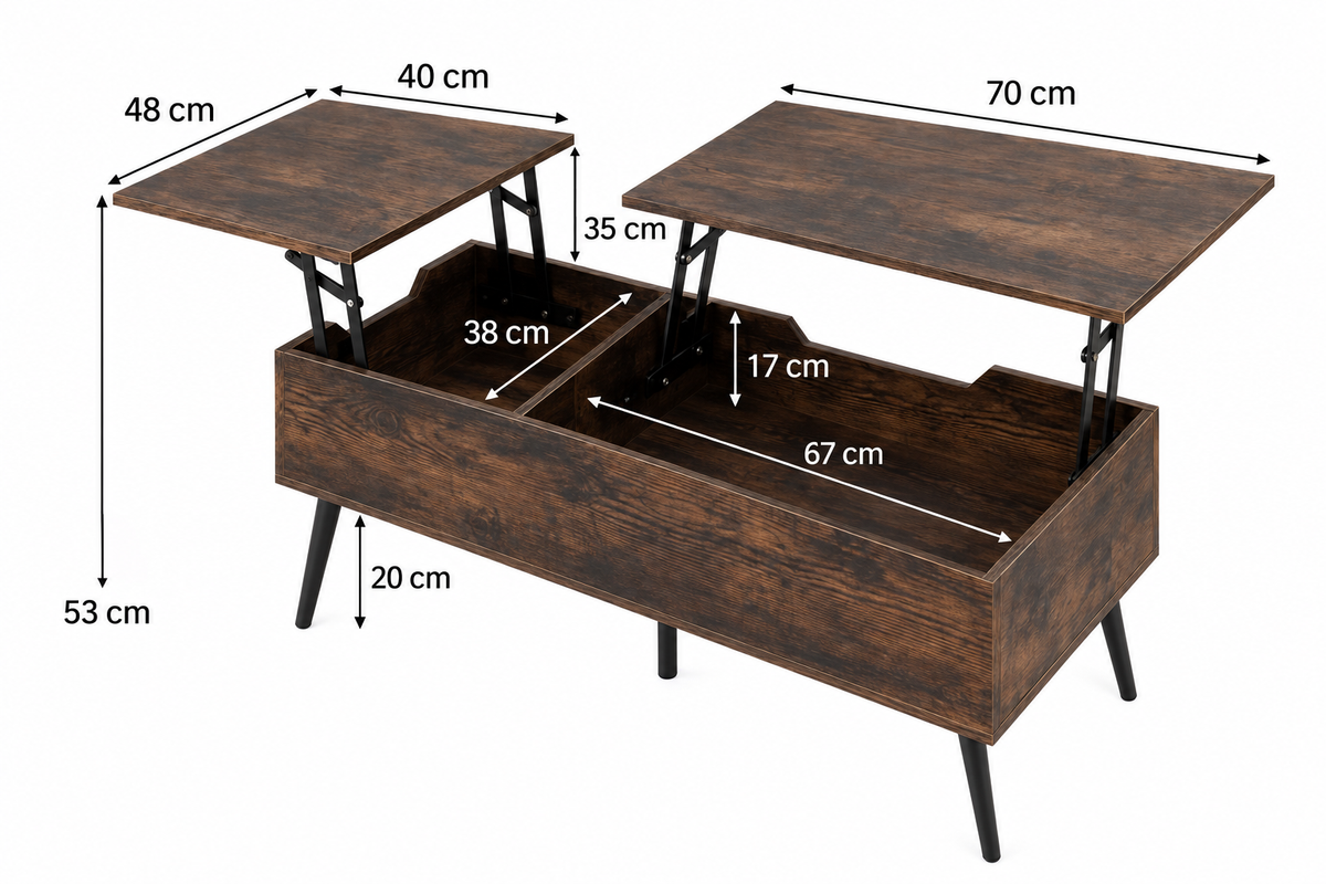 Dimensions de Table Basse Relevable Style Bois Double Plateau avec Rangement