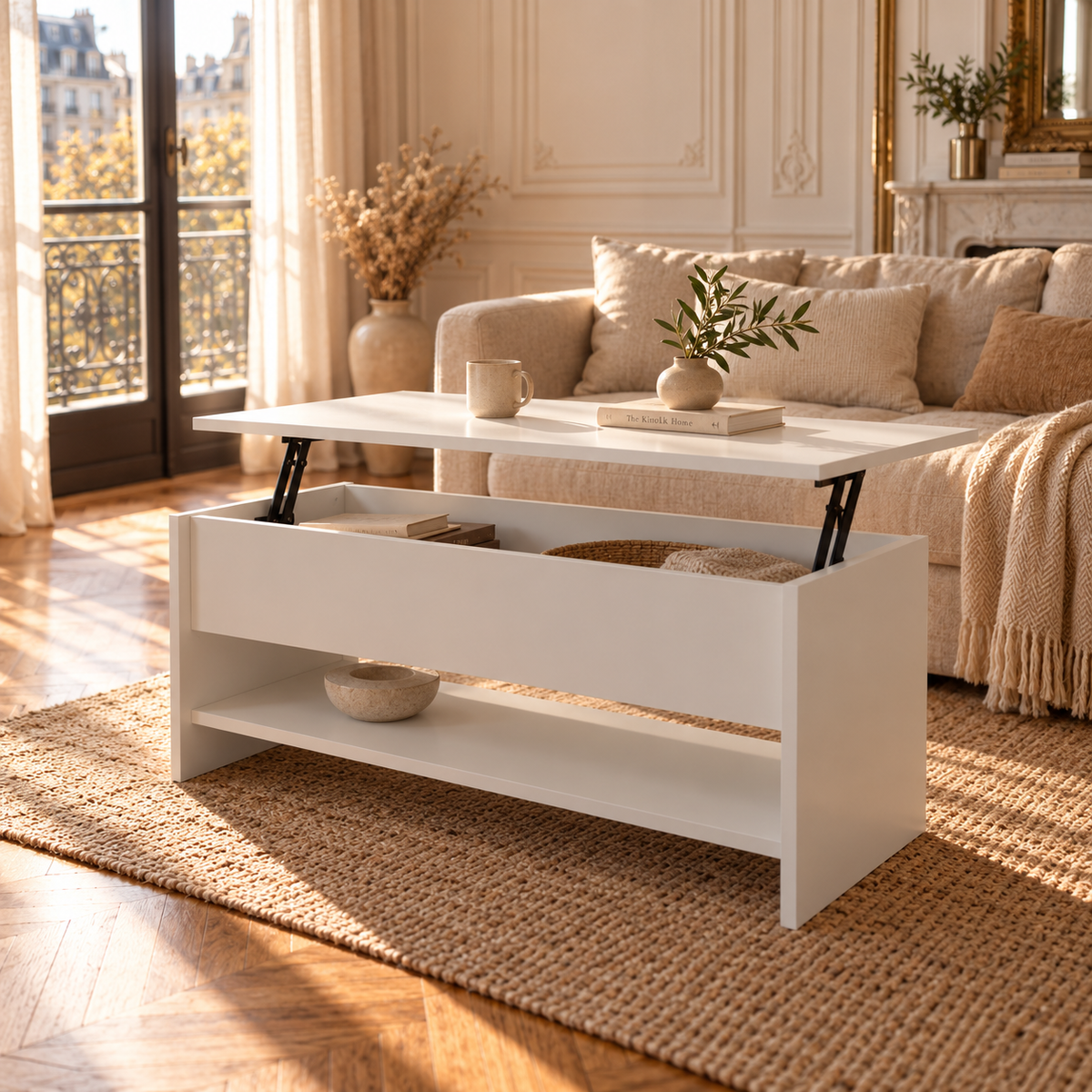 Table Basse Relevable Blanche Compacte avec Rangement Caché