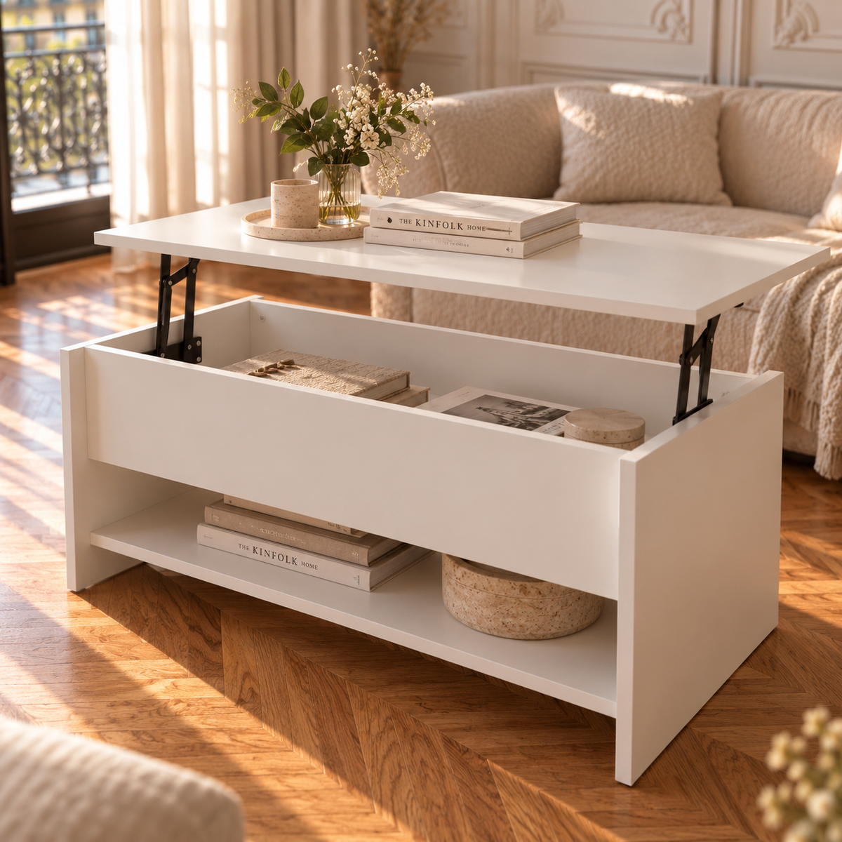Table Basse Relevable Blanche Compacte avec Rangement Caché