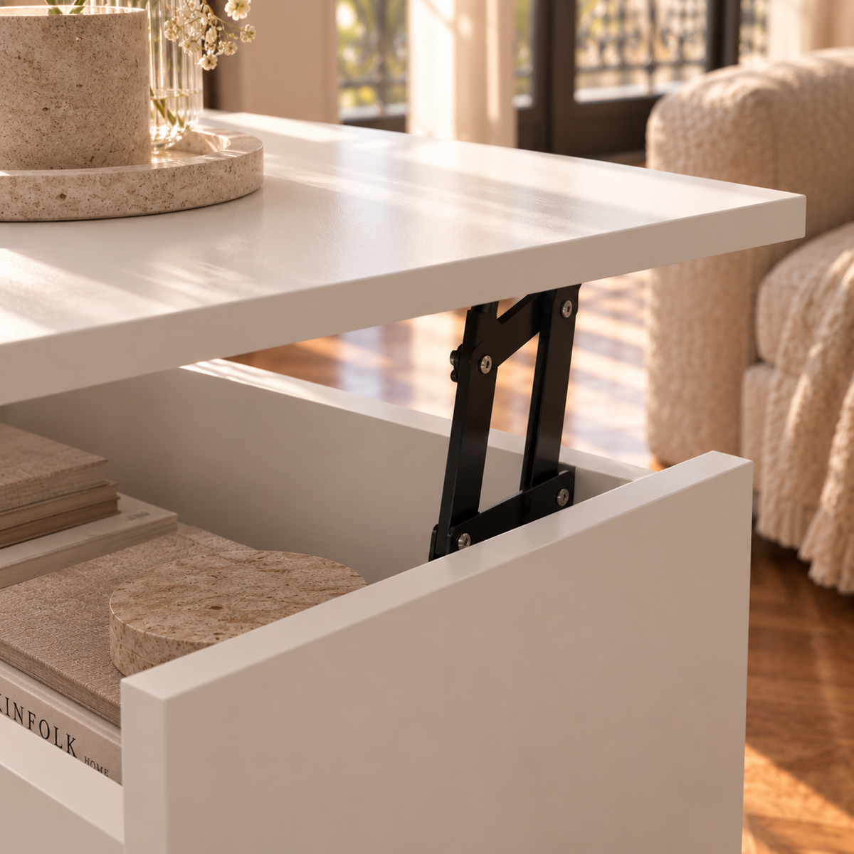 Table Basse Relevable Blanche Compacte avec Rangement Caché