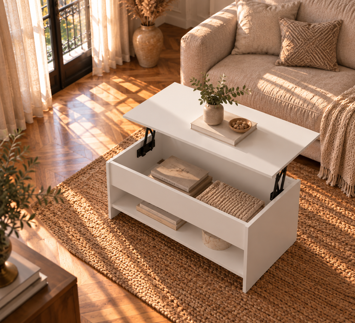 Table Basse Relevable Blanche Compacte avec Rangement Caché