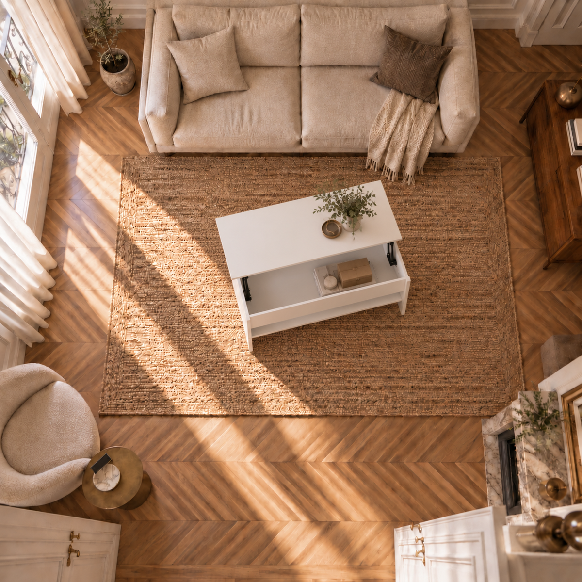 Table Basse Relevable Blanche Compacte avec Rangement Caché dans un salon