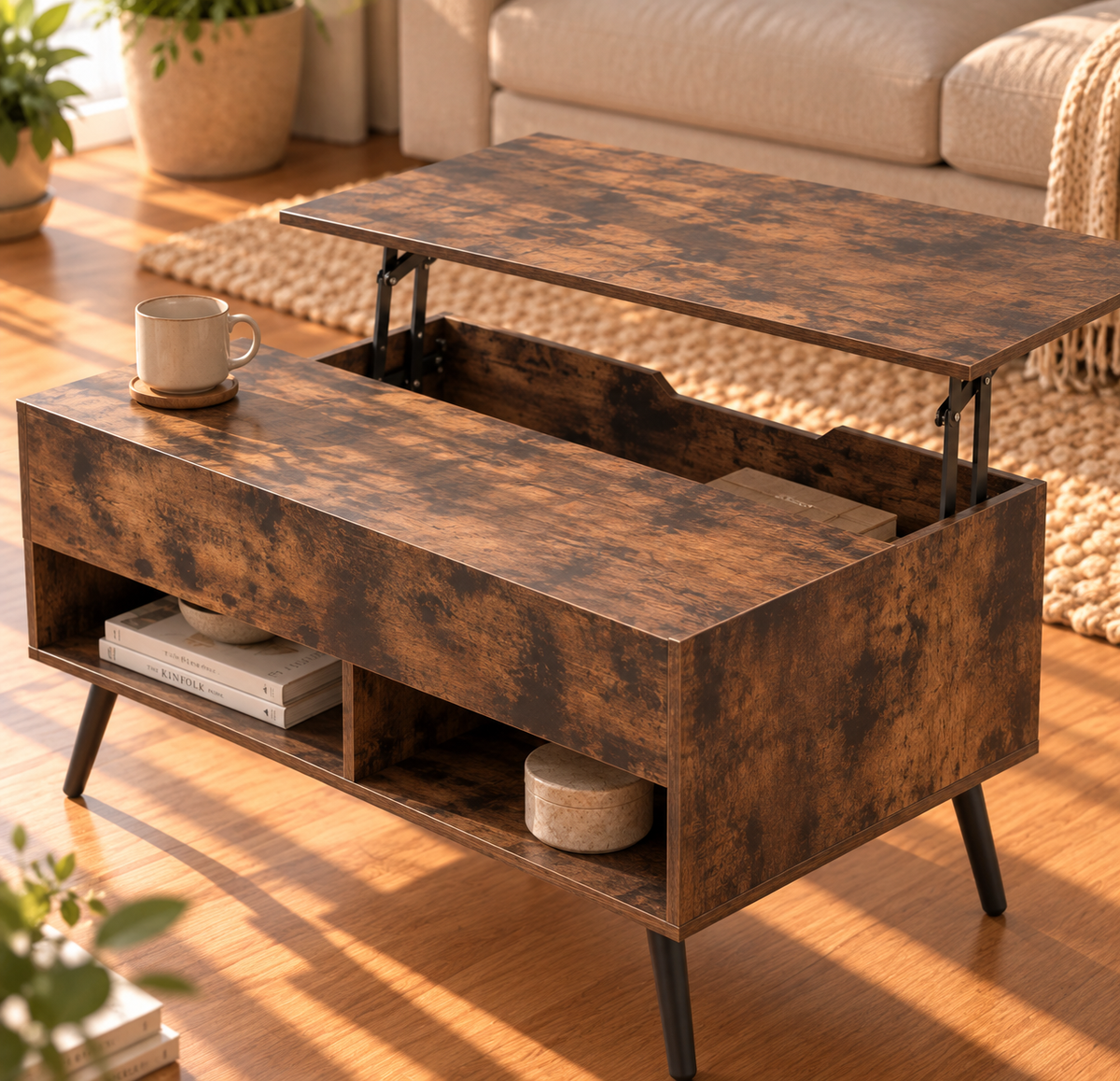 Table Basse Relevable Style Bois avec Rangement Caché et Étagères