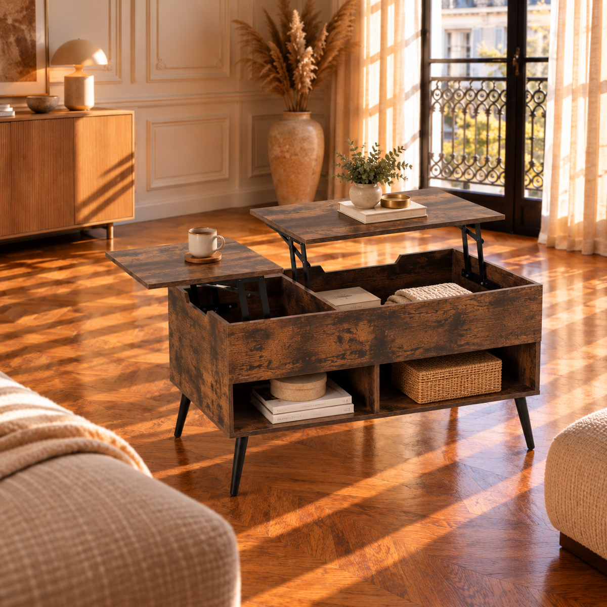 Table Basse Relevable Style Bois avec Rangement Caché et Étagères
