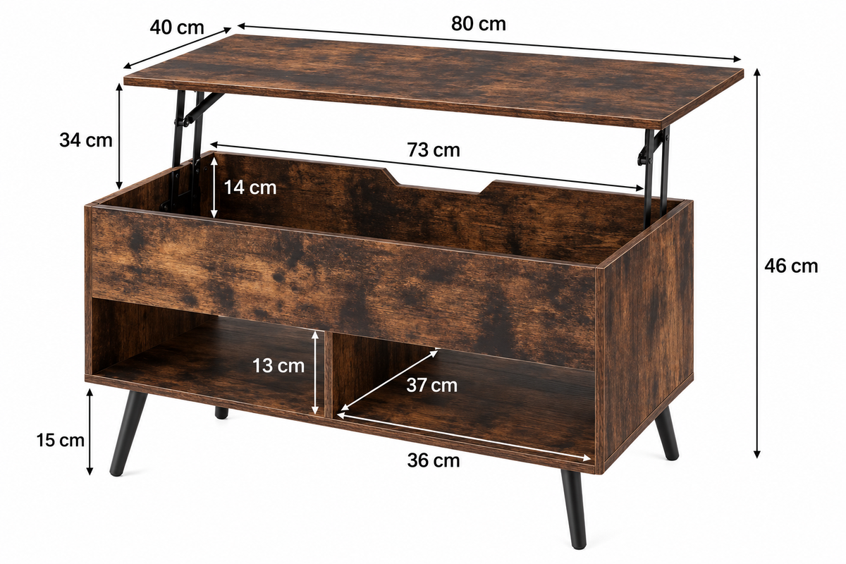 Dimensions de Table Basse Relevable Style Bois avec Rangement Caché et Étagères